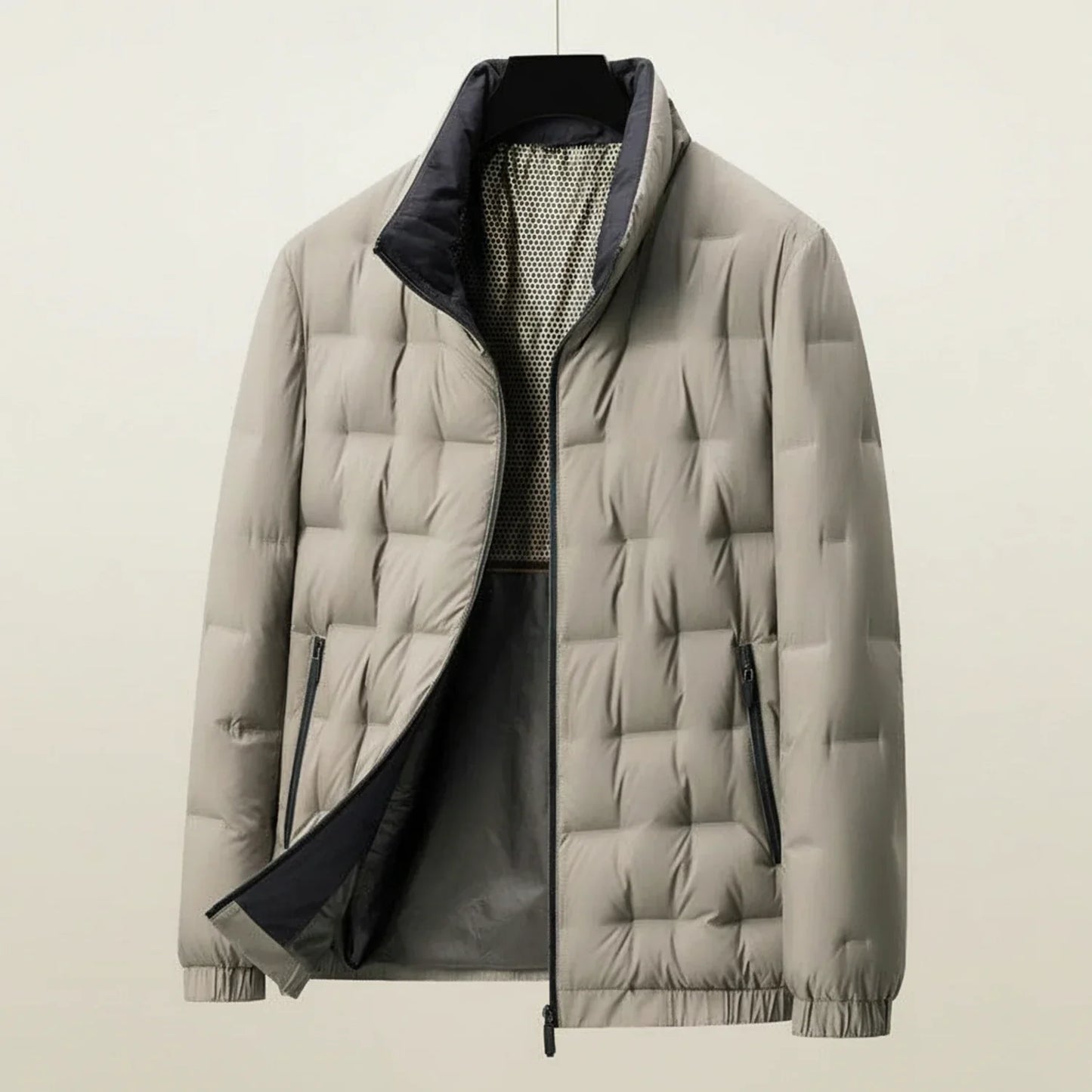 Men's lightweight quilted puffer jacket stand collar zip pockets slim everyday style