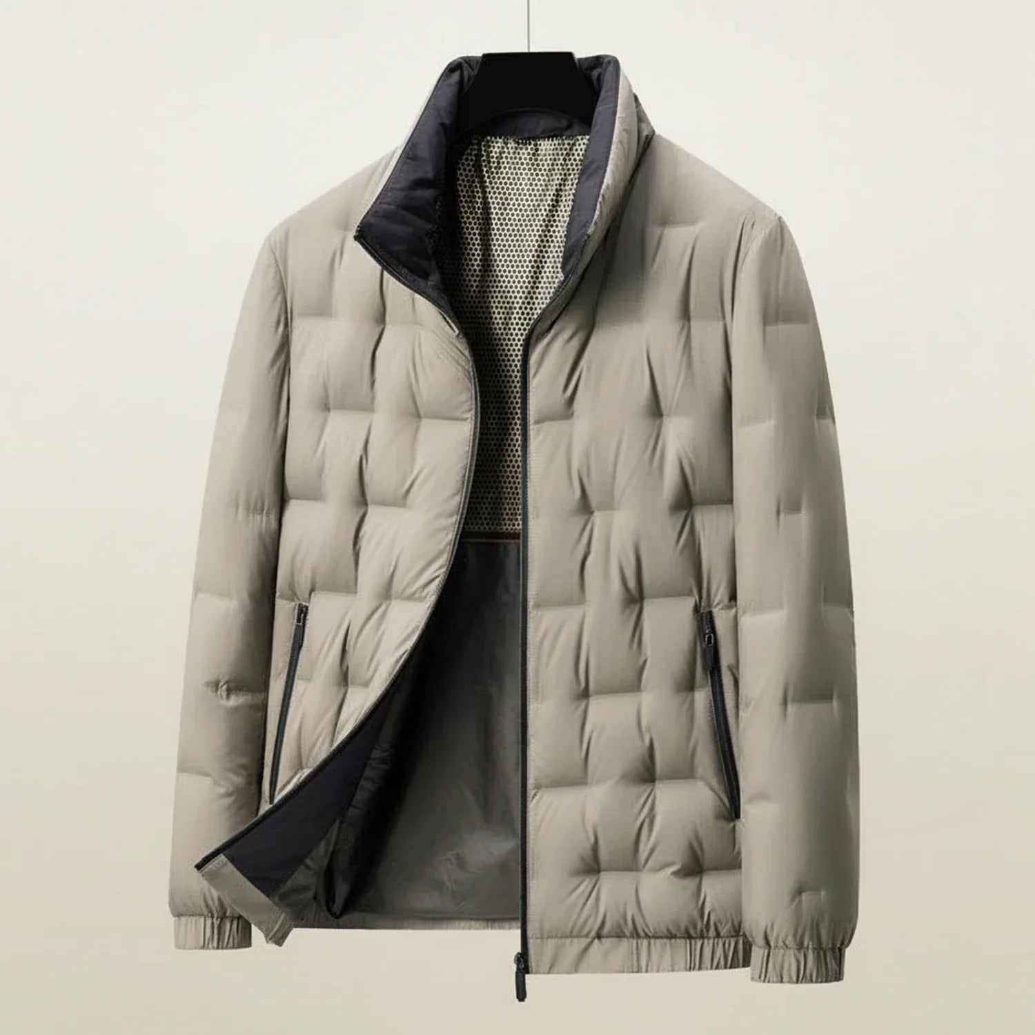 Men's lightweight quilted puffer jacket stand collar zip pockets slim everyday style