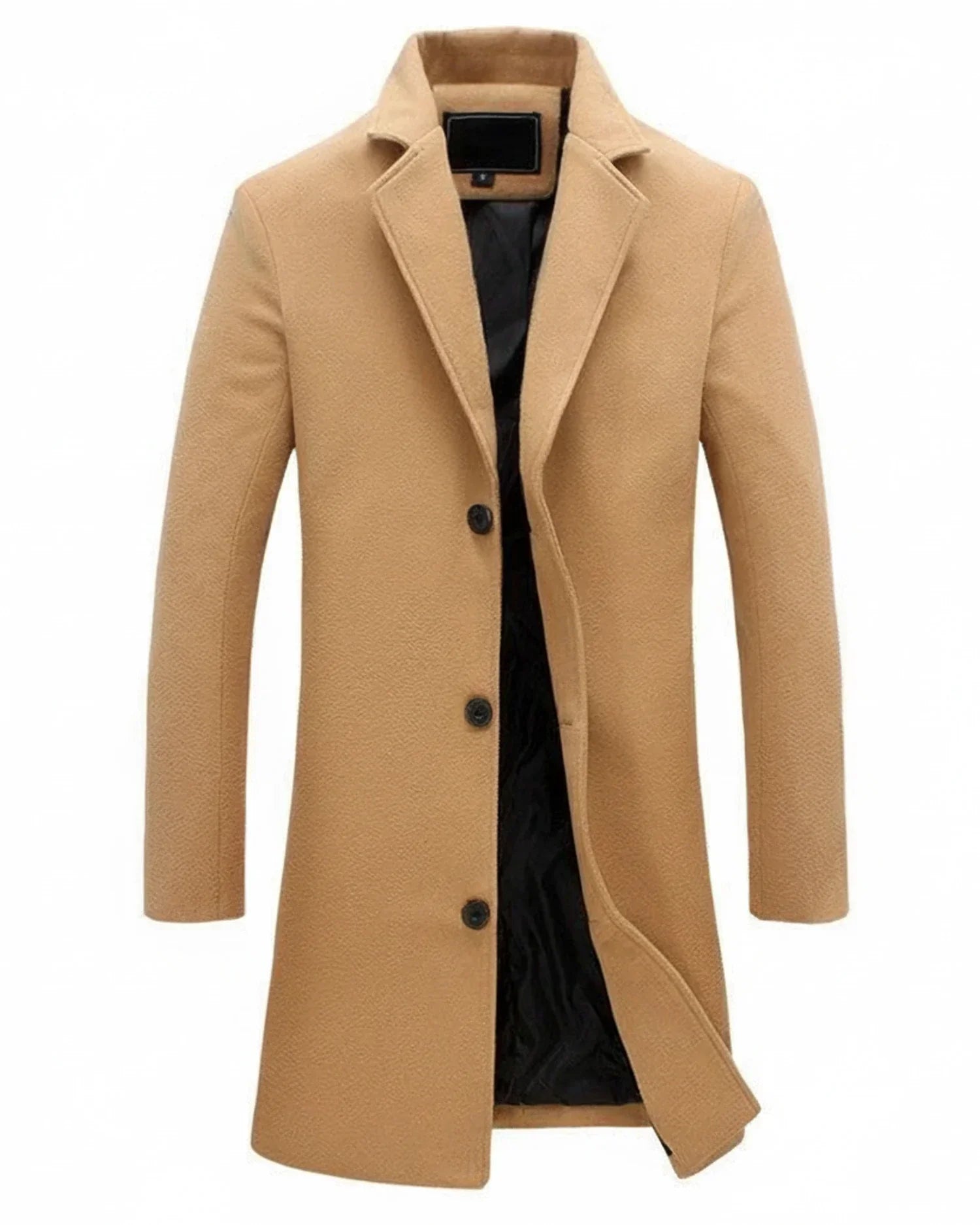 Men's classic long overcoat notch lapel button-front formal black elegant boardroom versatile silhouette