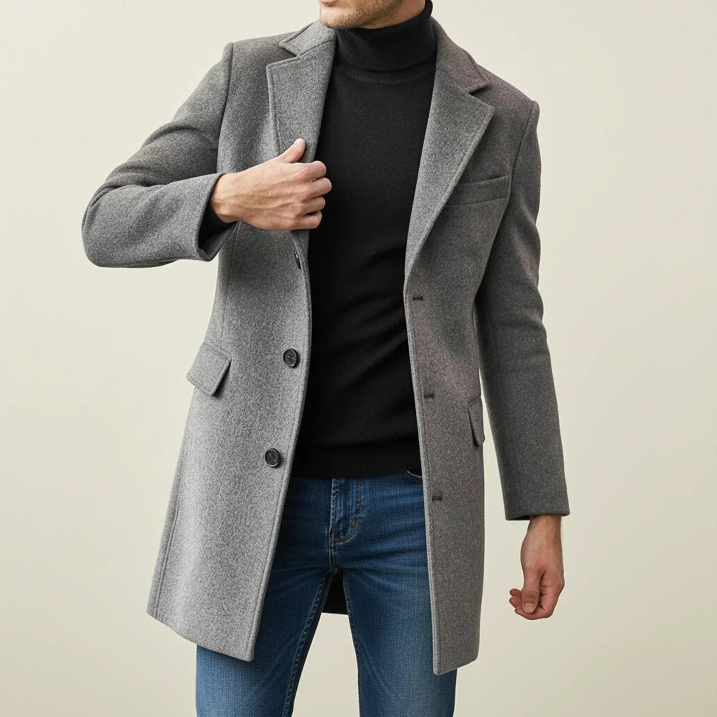 Men's knee-length single-breasted winter overcoat with notched lapel in timeless classic style
