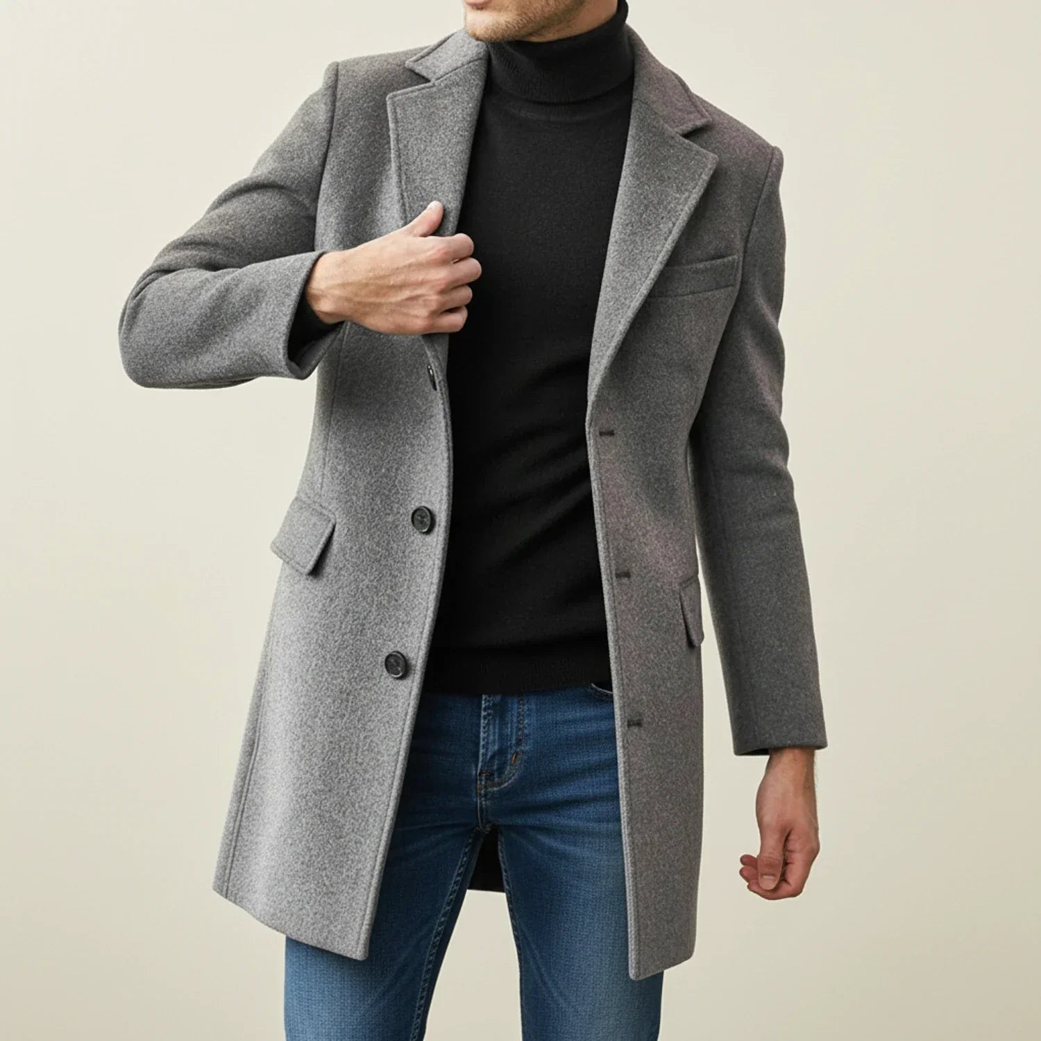 Men's knee-length single-breasted winter overcoat with notched lapel in timeless classic style