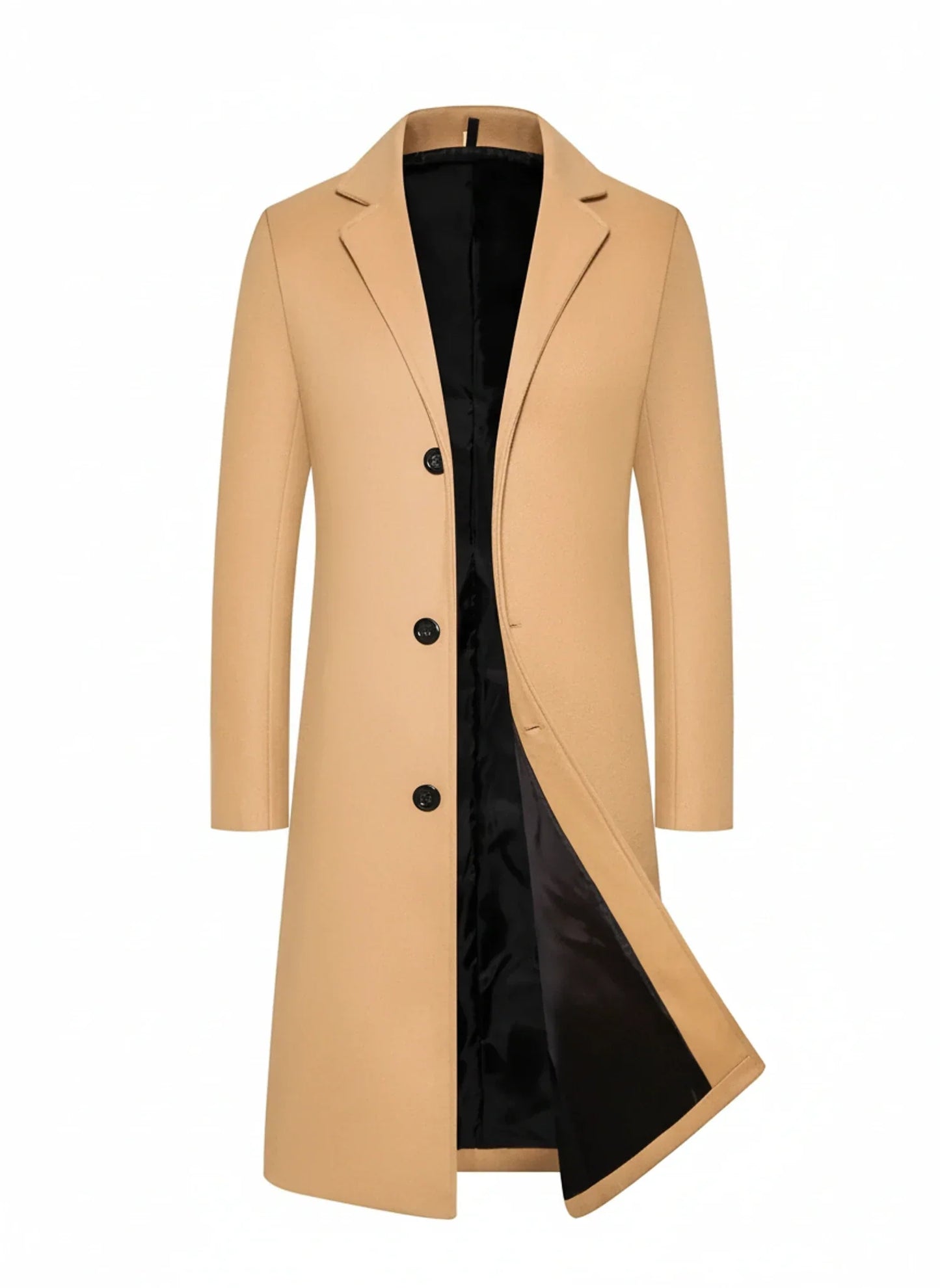 Men's black formal longline overcoat with notch lapel and button closure for a polished professional look