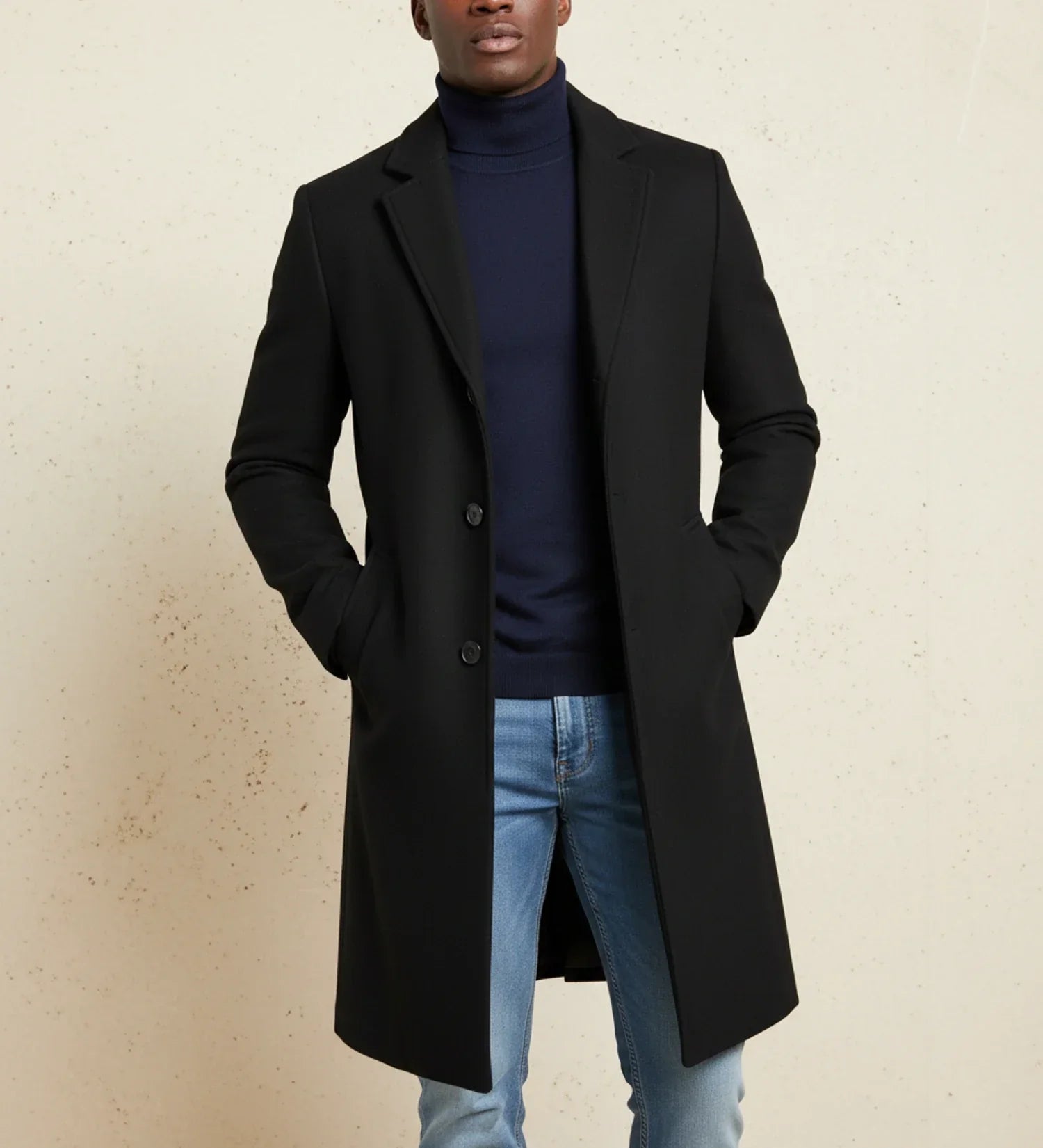 Men's classic fit long overcoat notch lapel single-breasted button front business outerwear timeless style