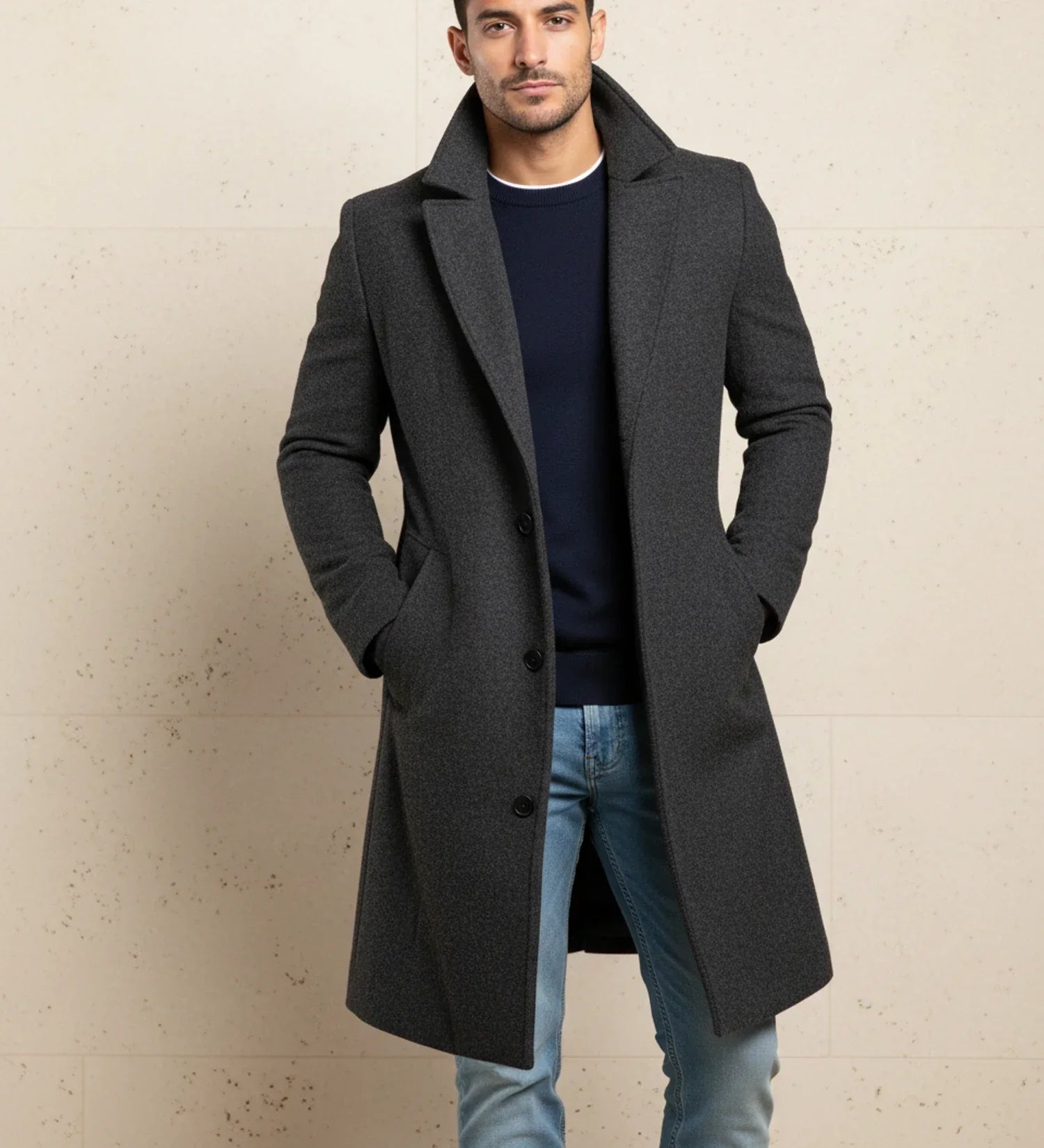 Men's classic fit long overcoat with notch lapel and button front closure in timeless business style