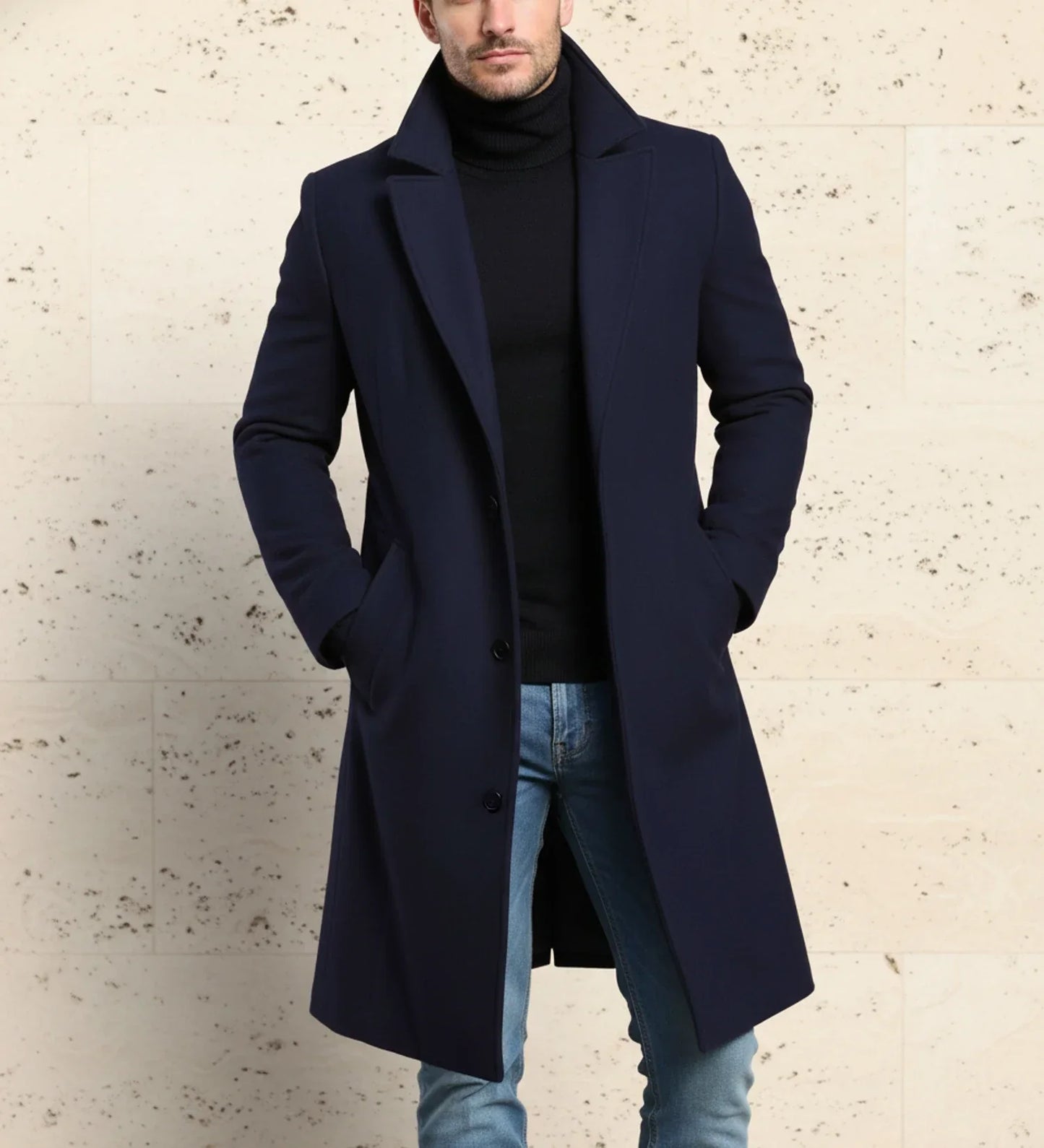 Men's classic fit long overcoat notch lapel single-breasted button front business outerwear timeless style
