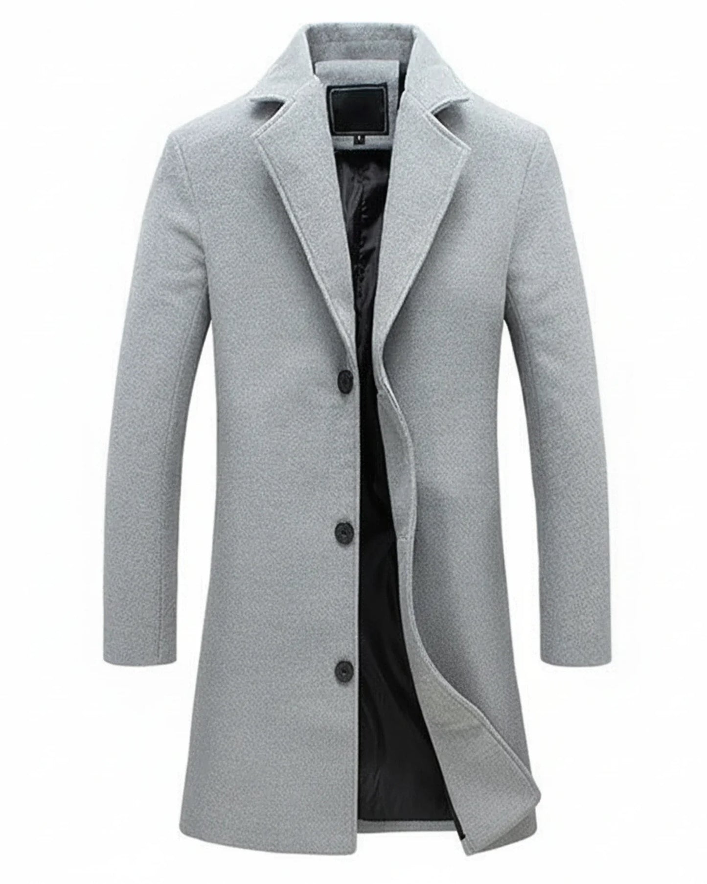 Men's classic long overcoat notch lapel button-front formal elegant streamlined silhouette boardroom weekend