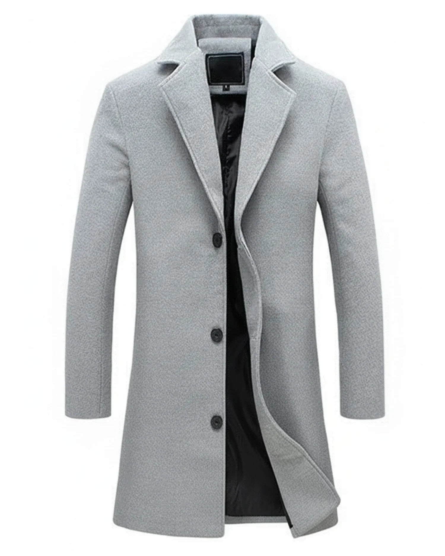 Men's classic long overcoat notch lapel button-front formal elegant streamlined silhouette boardroom weekend