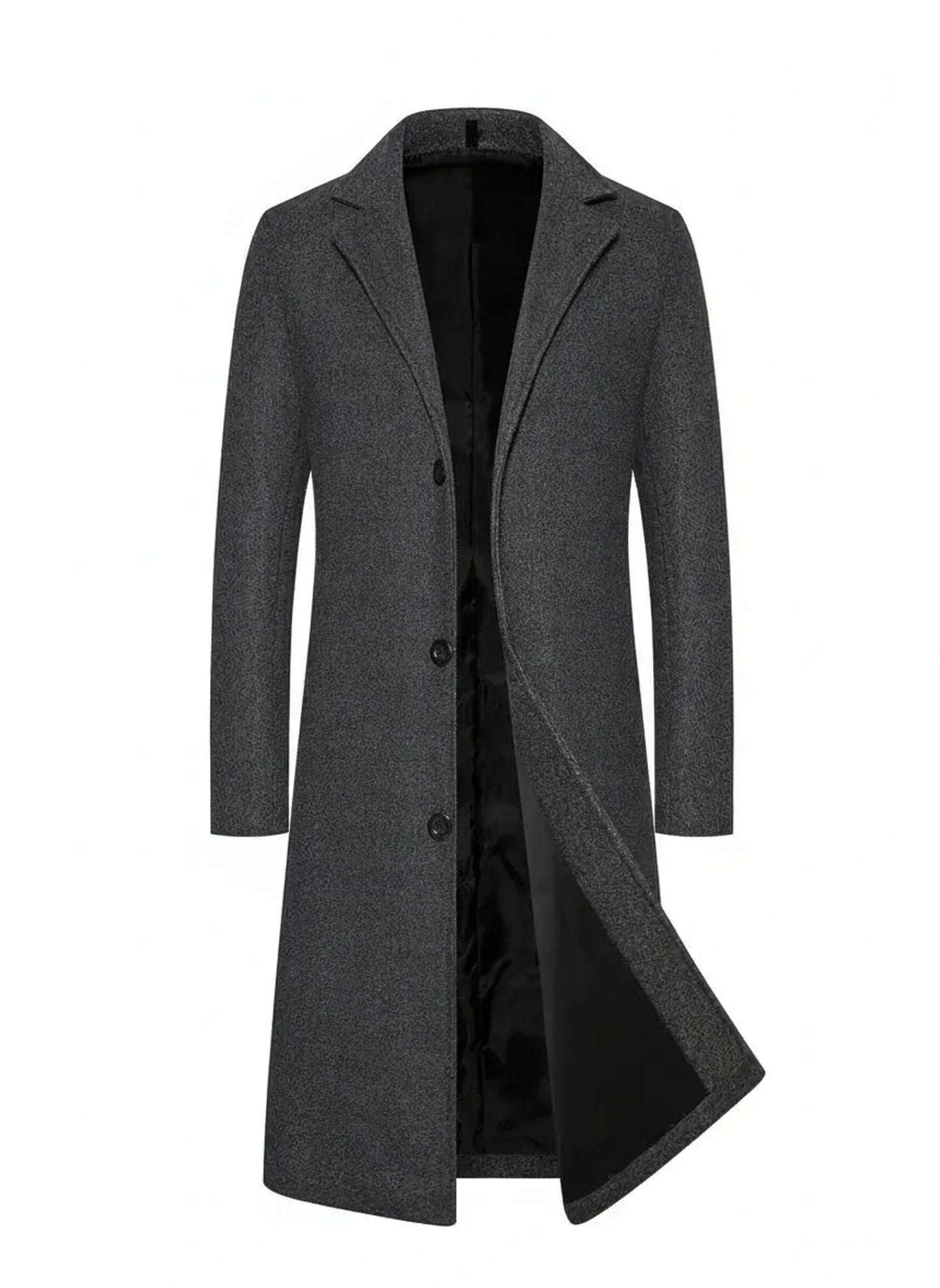 Men's black longline formal overcoat with notch lapel and button closure for a polished professional look