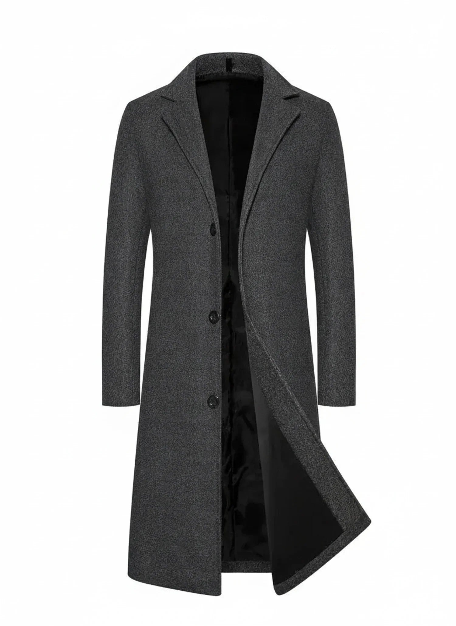 Men's black longline formal overcoat with notch lapel and button closure for a polished professional look