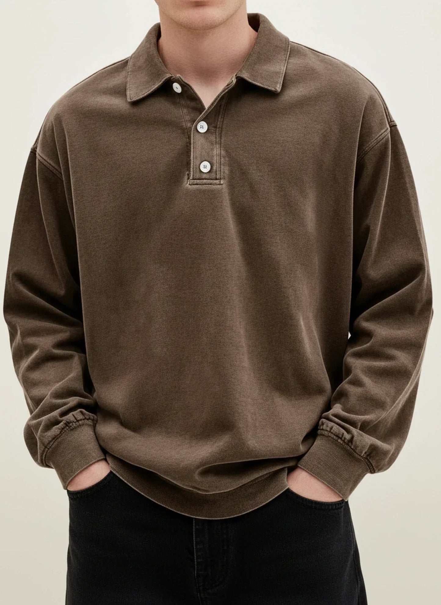 Men's blue vintage relaxed-fit long sleeve polo shirt with classic collar and button placket