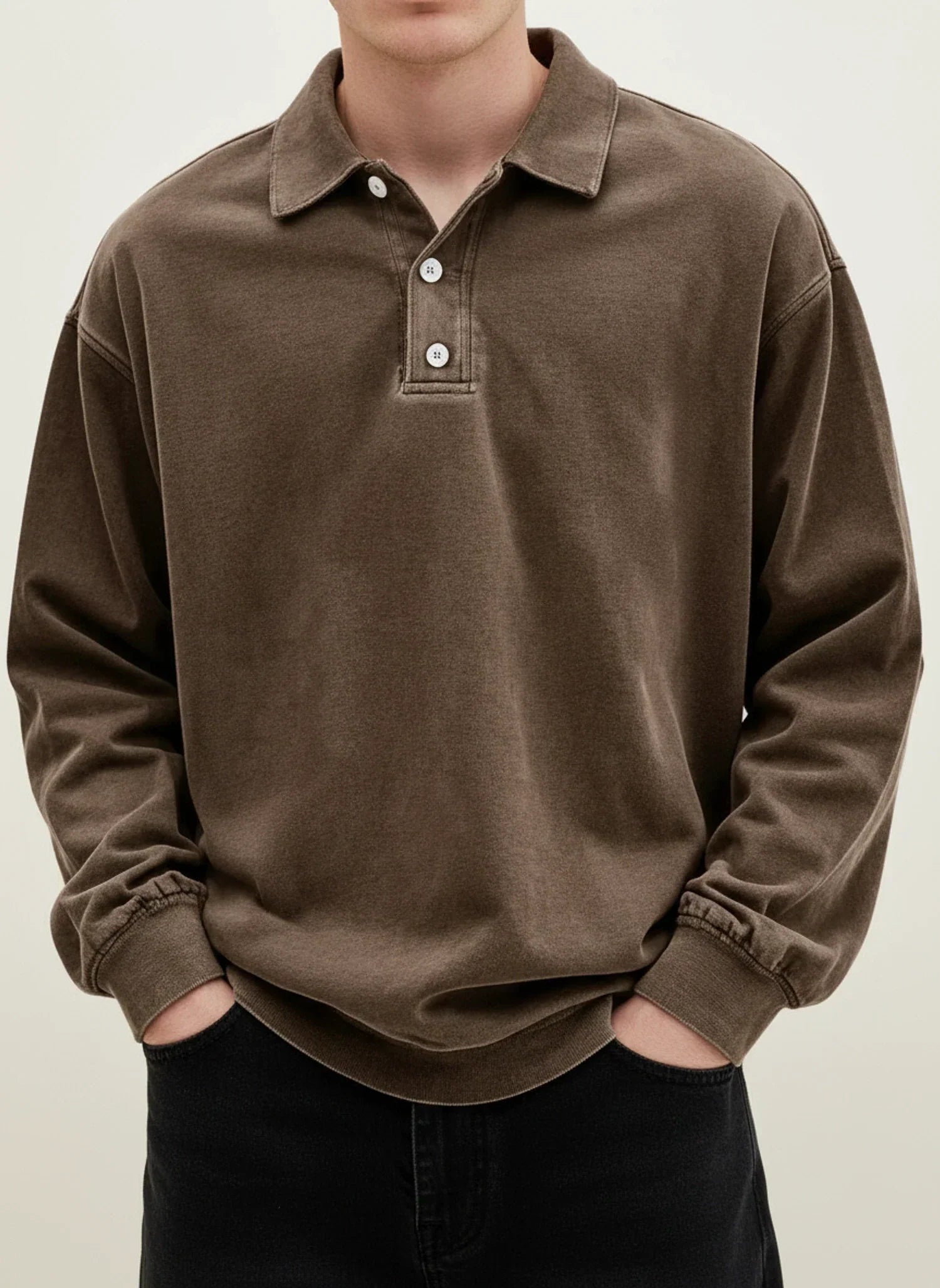 Men's blue vintage relaxed-fit long sleeve polo shirt with classic collar and button placket