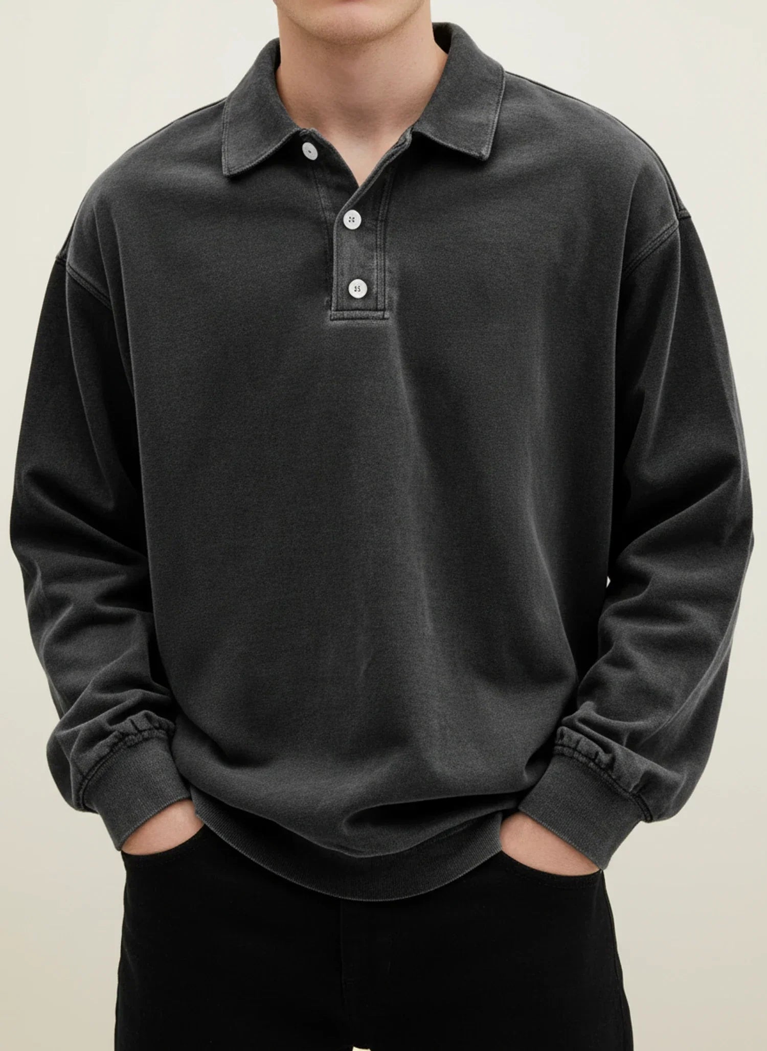Men's blue vintage long sleeve polo shirt relaxed fit classic collar button placket