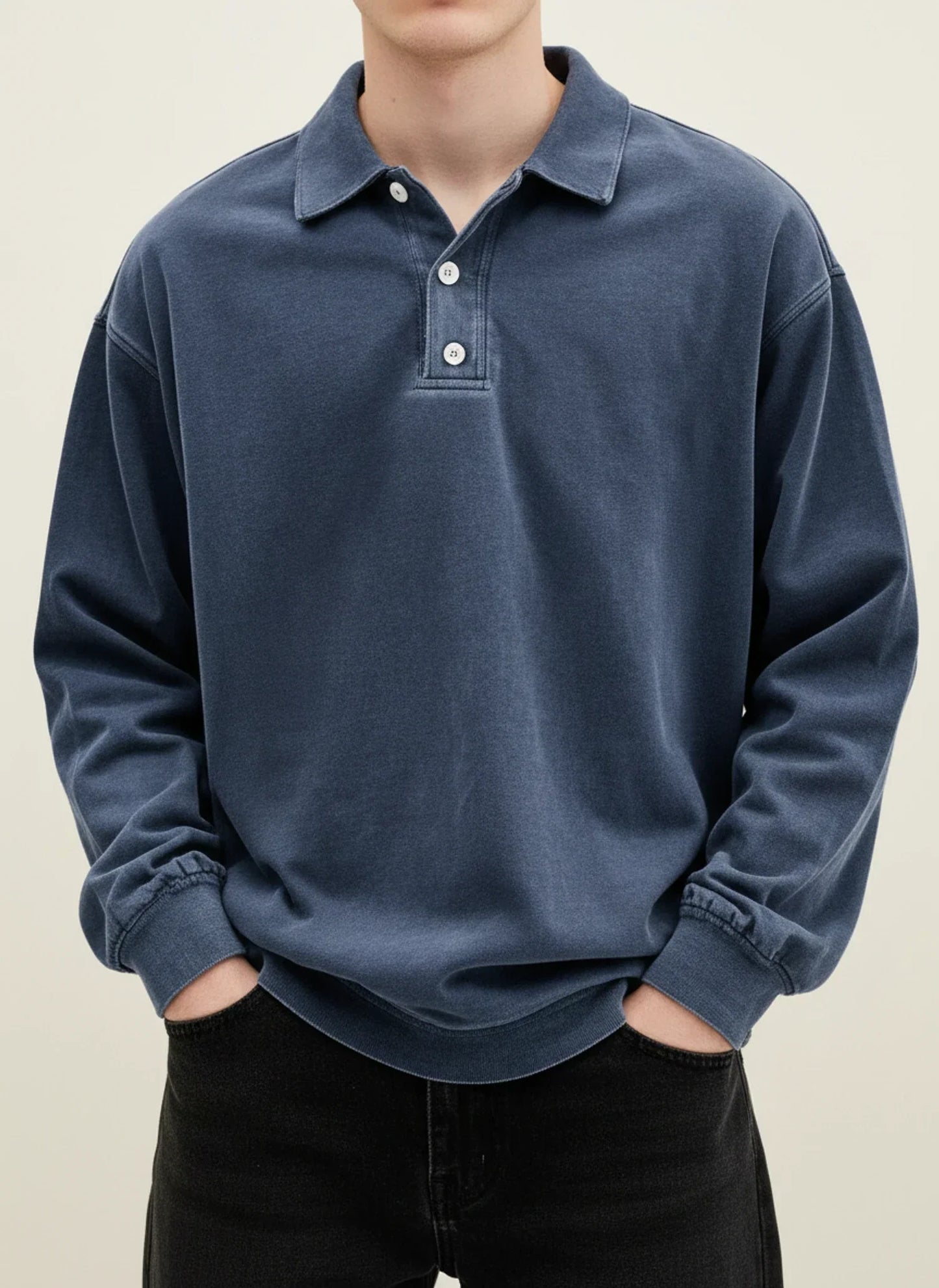 Men's blue vintage long sleeve polo shirt relaxed fit with classic collar and button placket