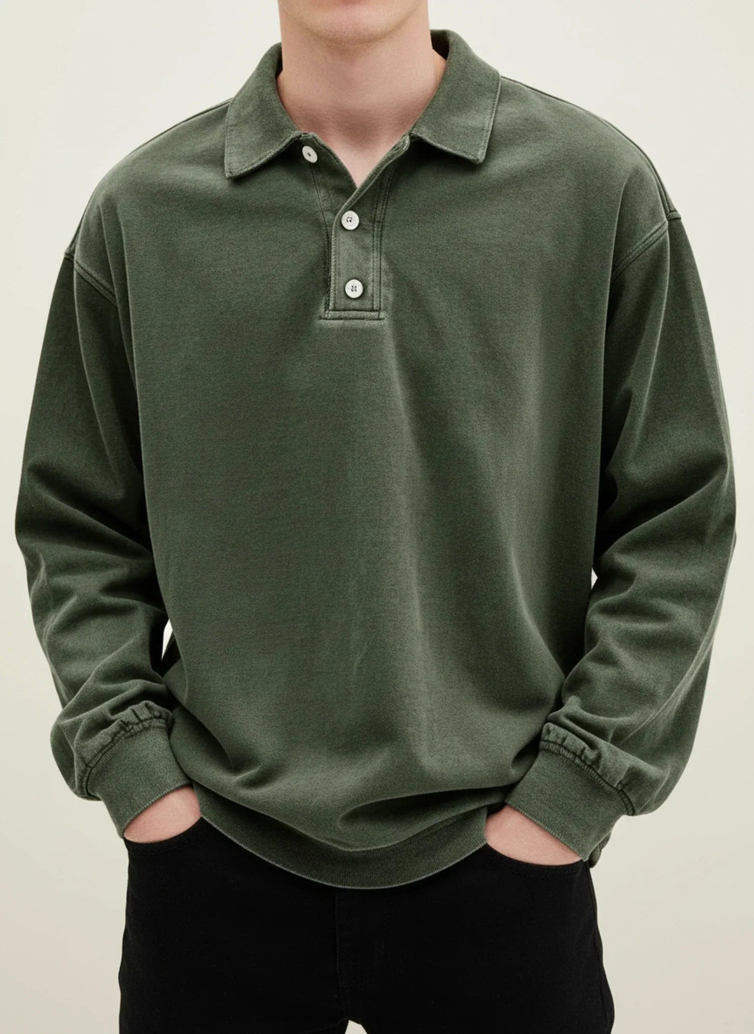 Men's blue vintage long sleeve polo shirt relaxed fit classic collar button placket