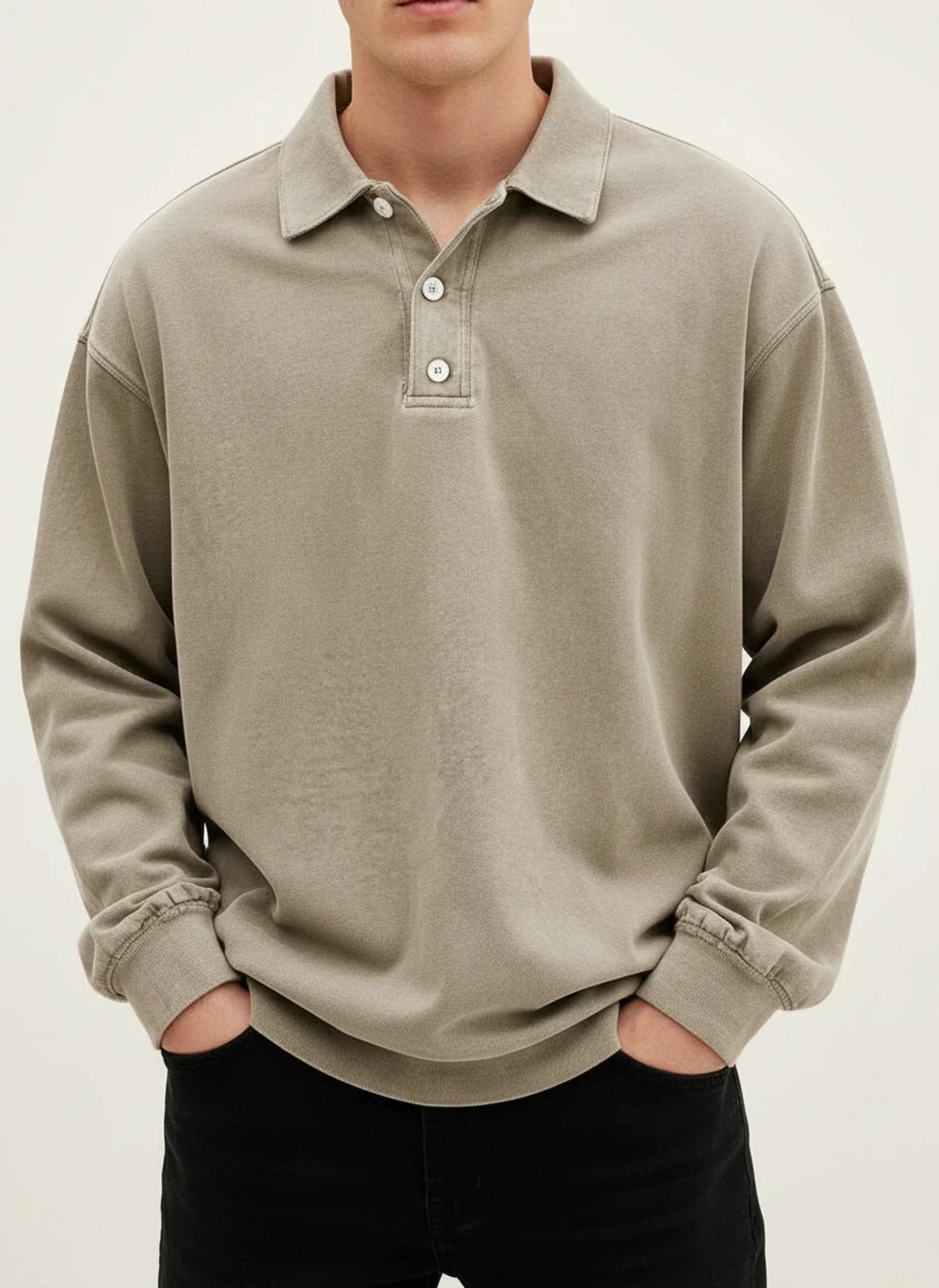 Men's blue vintage relaxed-fit long sleeve polo shirt with classic collar and button placket