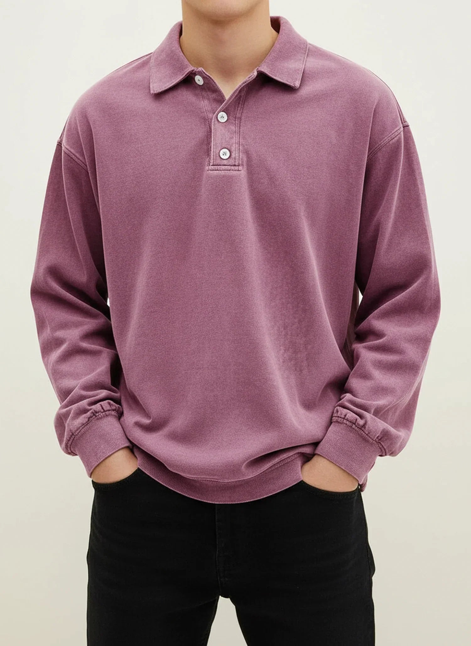 Men's blue vintage relaxed-fit long sleeve polo shirt with classic collar and button placket