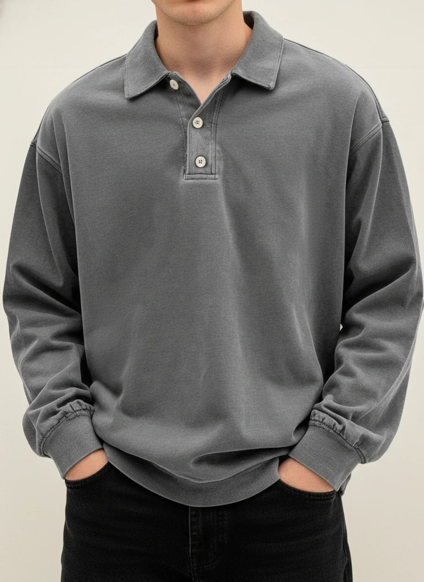 Men's blue vintage long sleeve polo shirt relaxed fit with classic collar and button placket