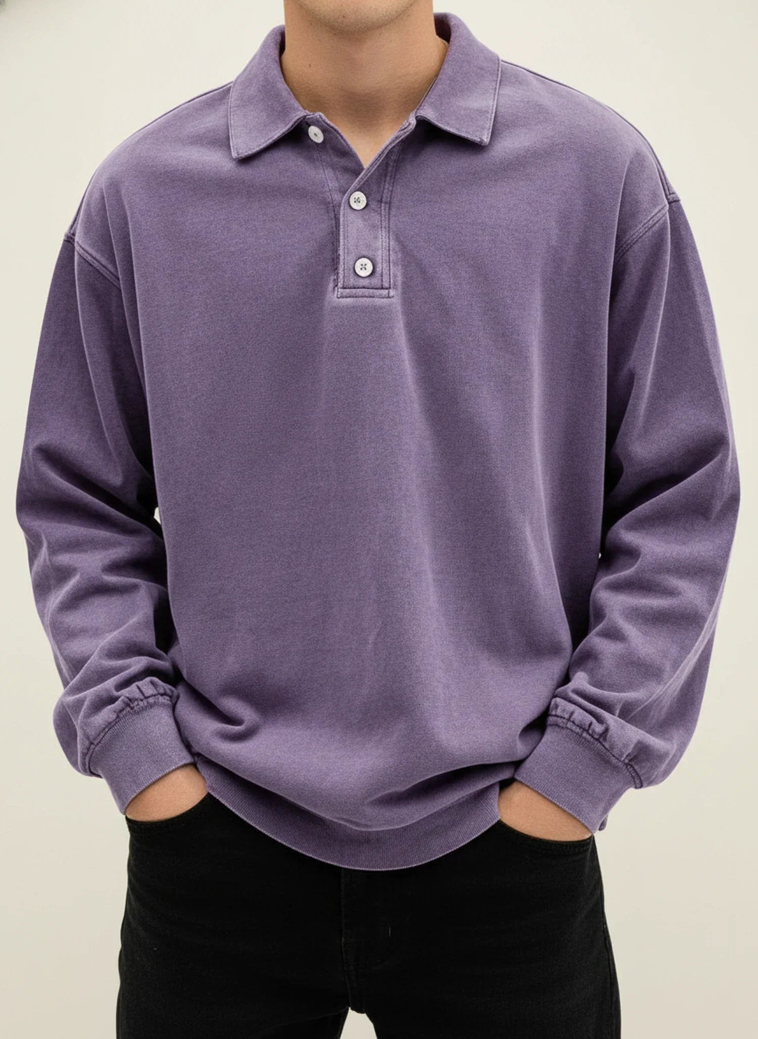 Men's blue vintage long sleeve polo shirt relaxed fit classic collar button placket casual style