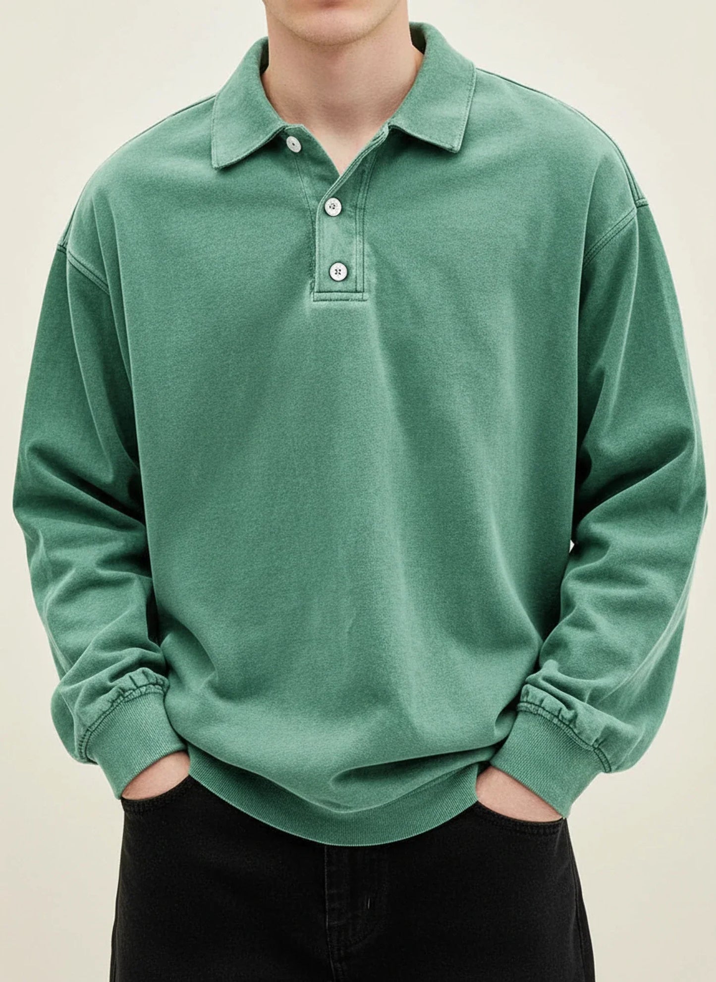 Men's blue vintage relaxed-fit long sleeve polo shirt with classic collar and button placket