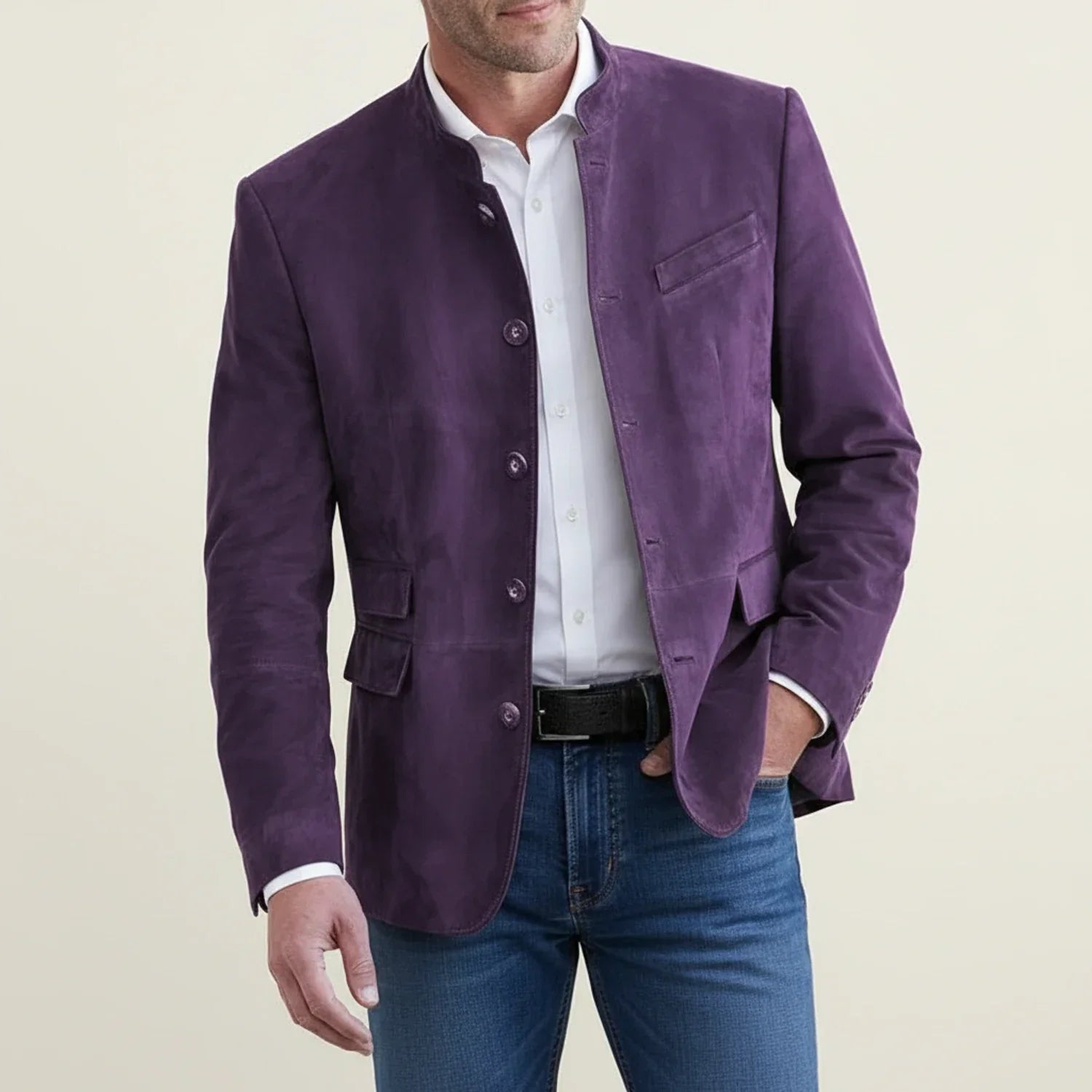Men's mandarin collar blazer jacket smart casual modern fit with patch pockets sleek streamlined profile