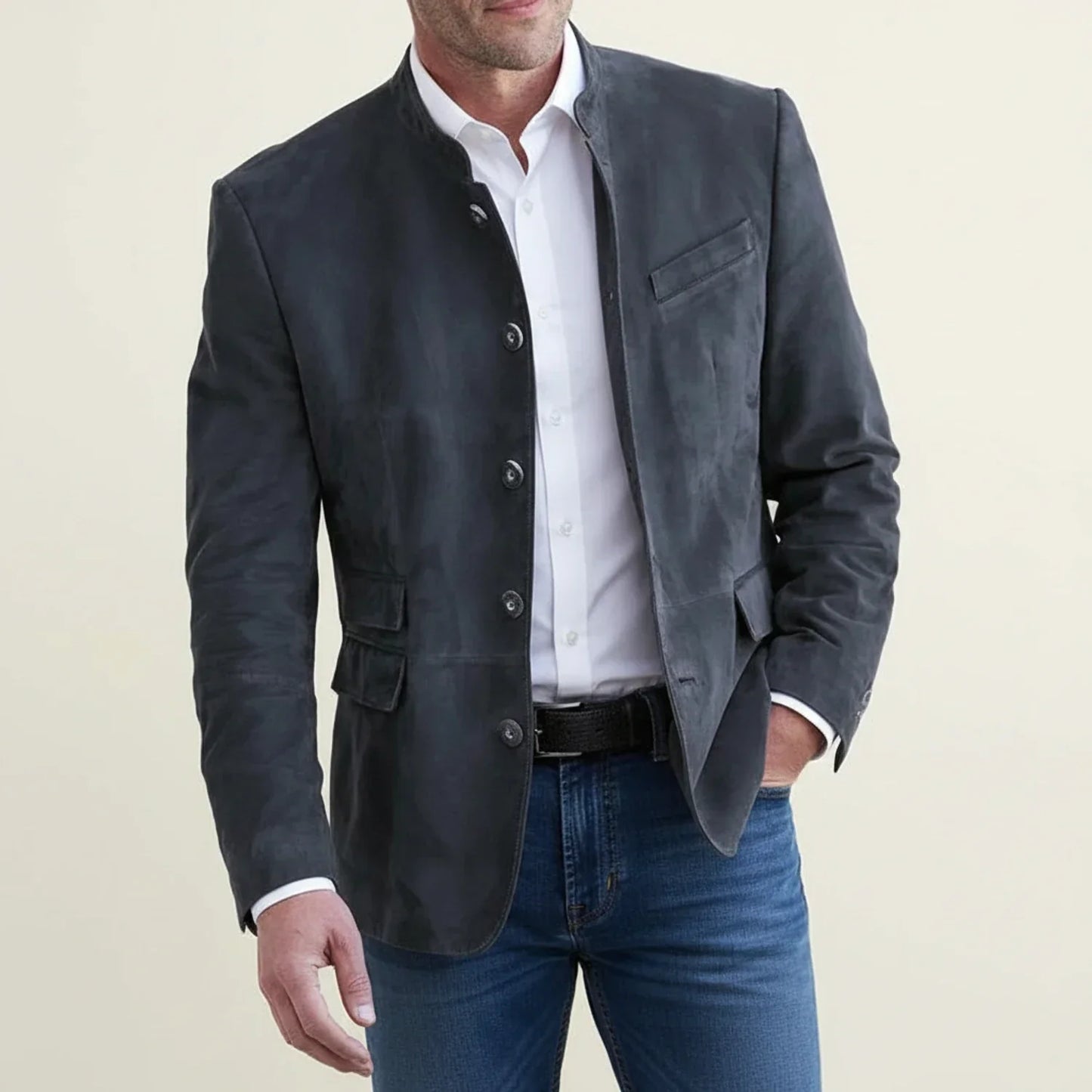 Men's mandarin collar blazer jacket smart casual modern fit with patch pockets sleek streamlined profile