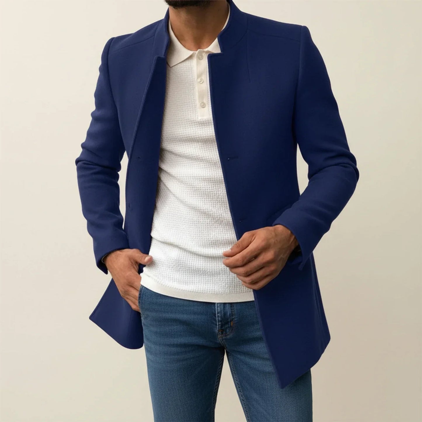 Tan slim fit mid-length overcoat with mandarin collar for modern formal looks