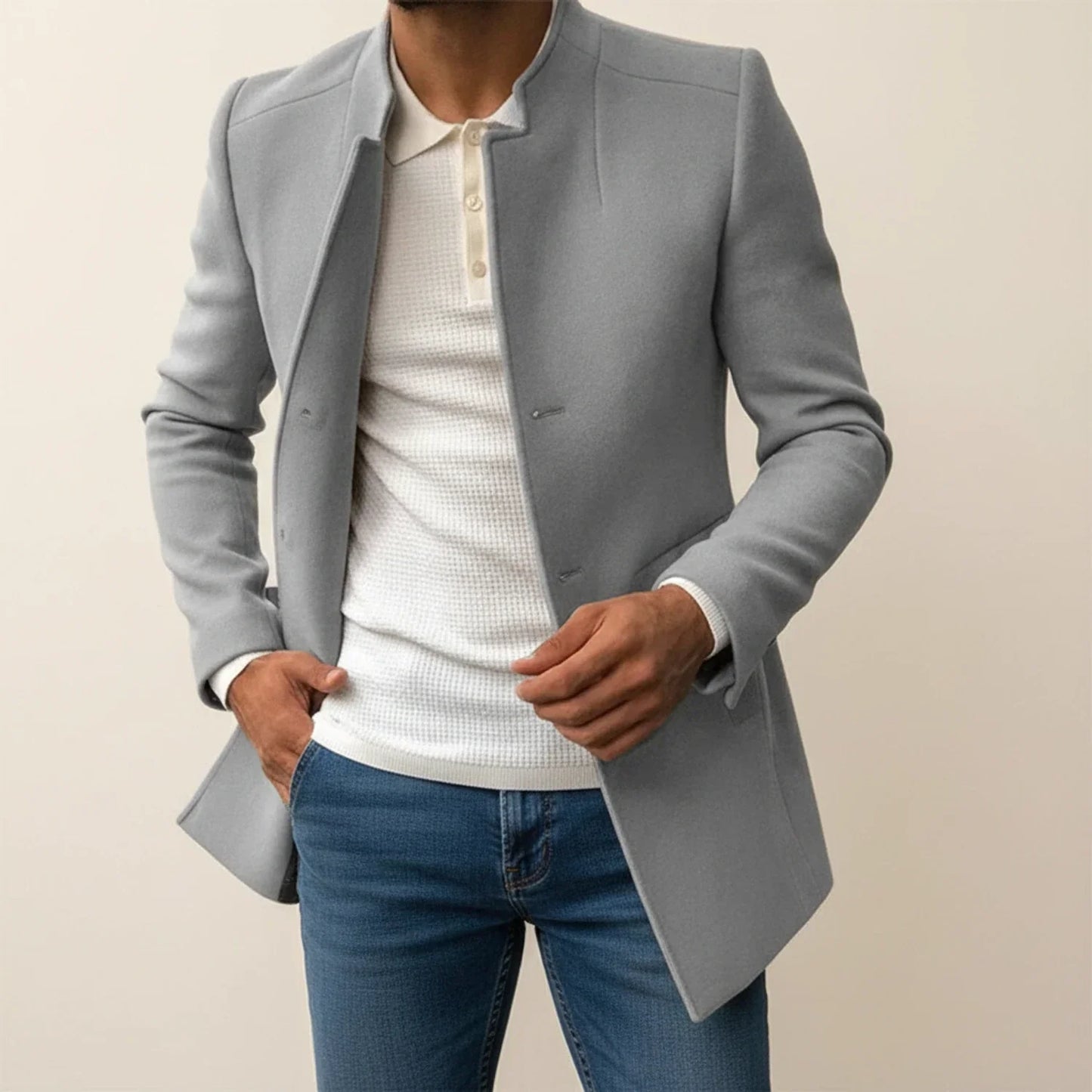 Tan slim fit mid-length overcoat with mandarin collar for modern formal men's style