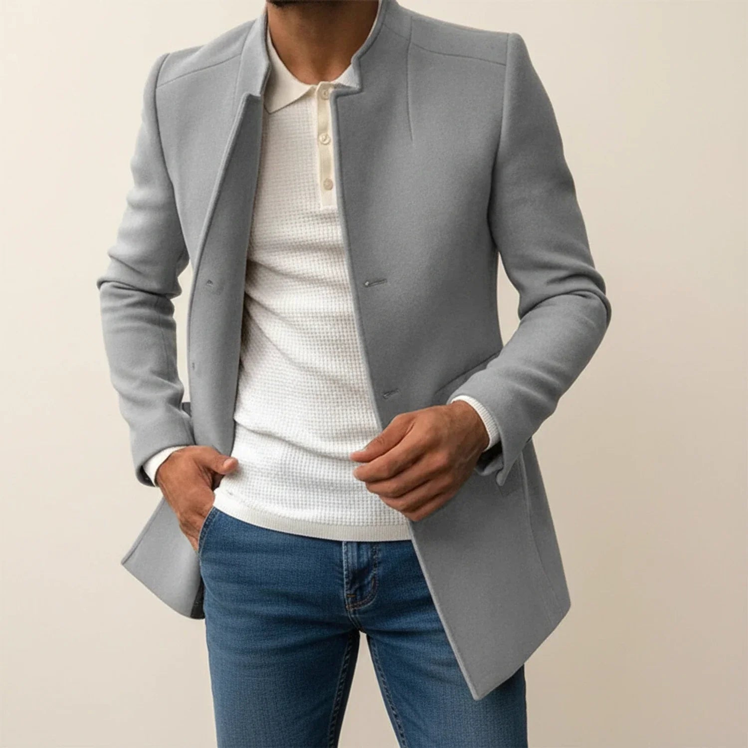 Tan slim fit mid-length overcoat with mandarin collar for modern formal men's style