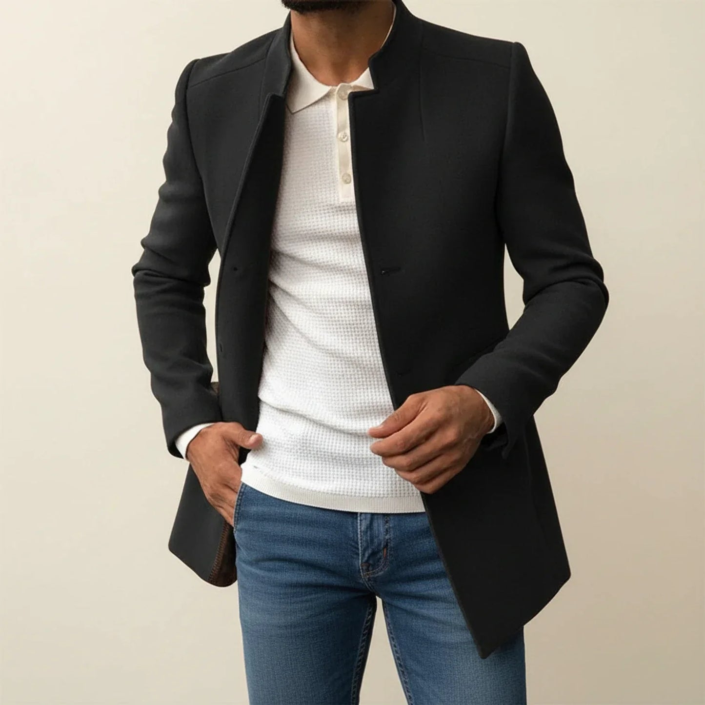 Tan slim fit mid-length overcoat with mandarin collar for modern formal style