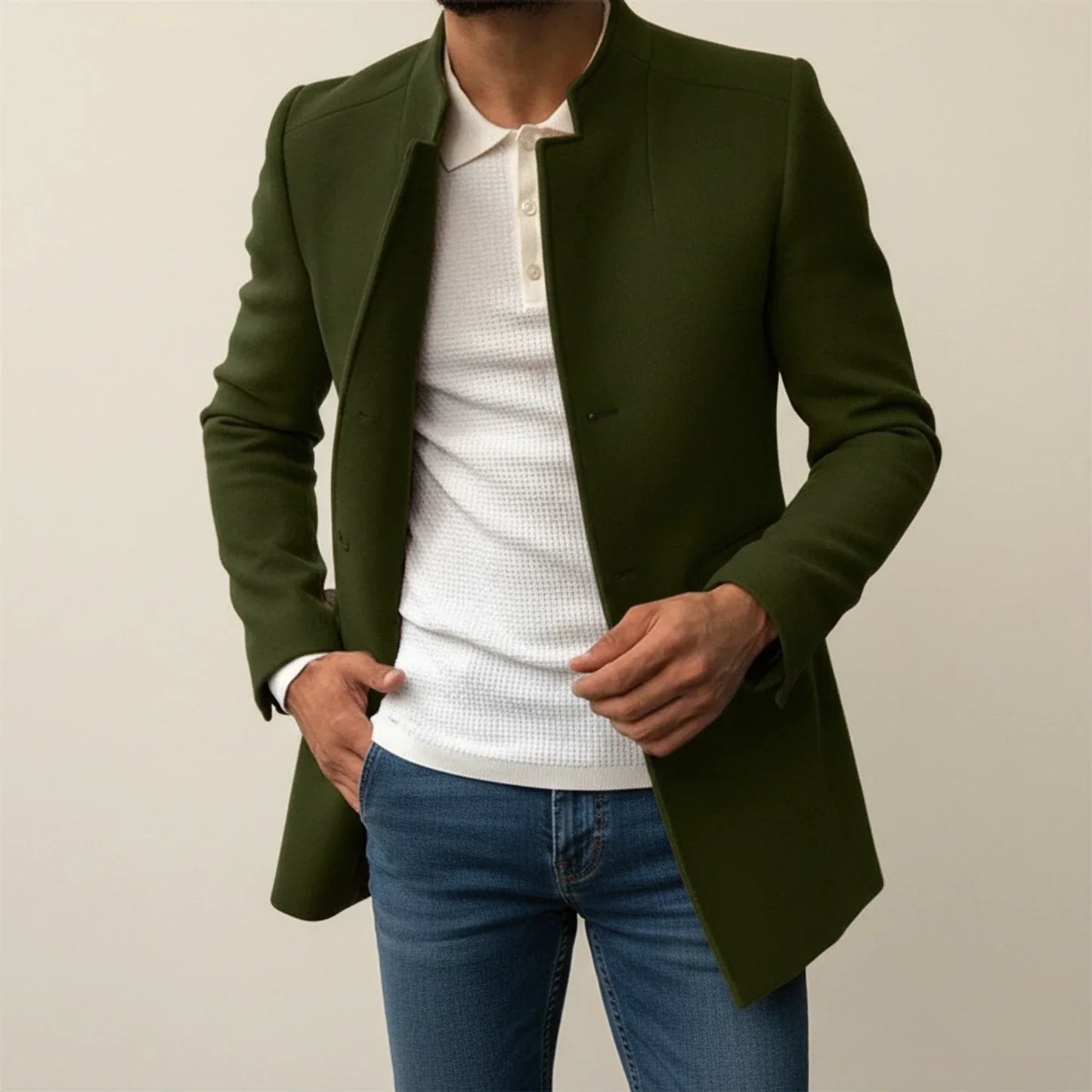 Tan slim fit mid-length overcoat with mandarin collar for modern formal style