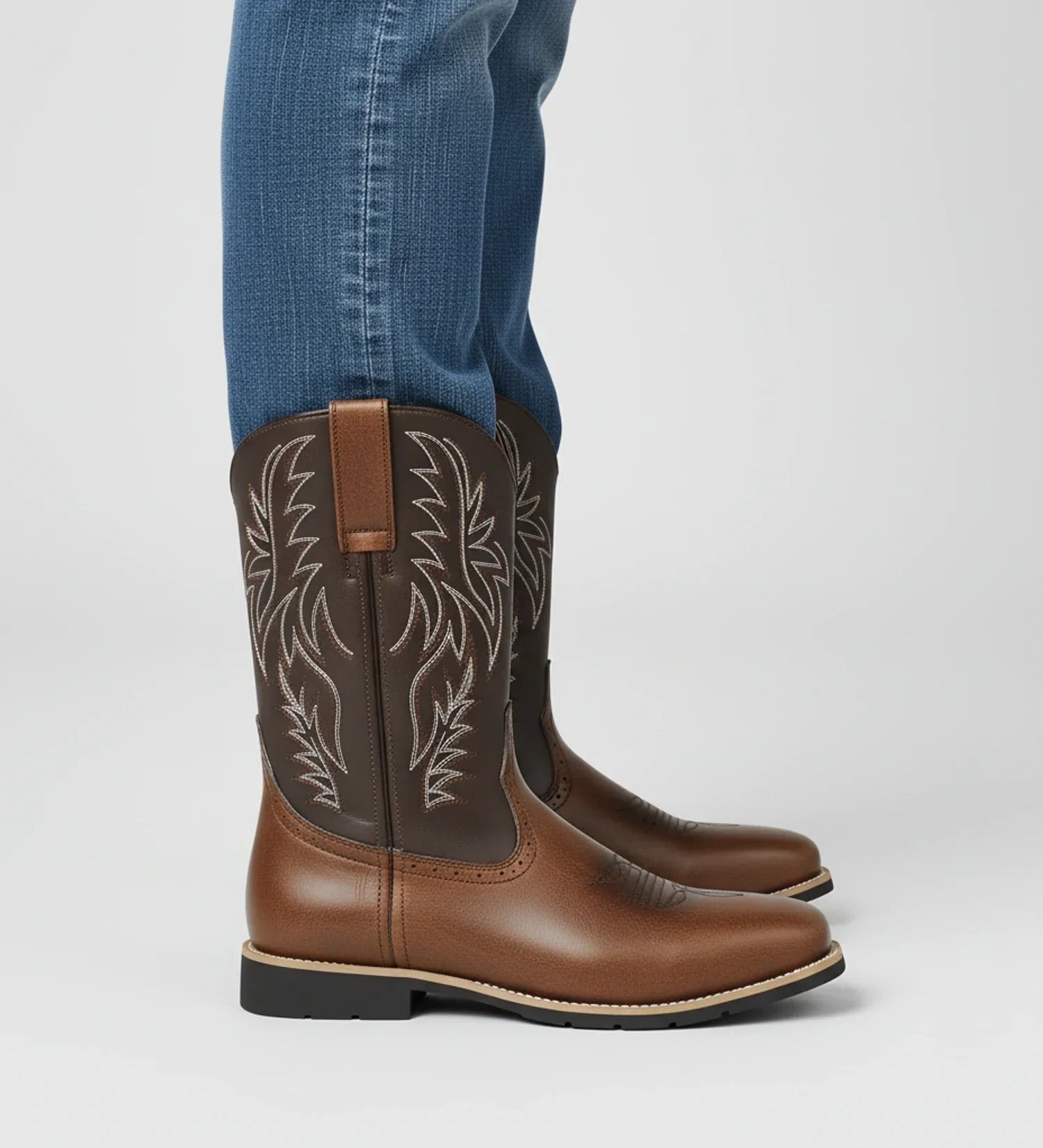 Men's mid-calf Western cowboy boots in brown leather with intricate embroidered stitching design