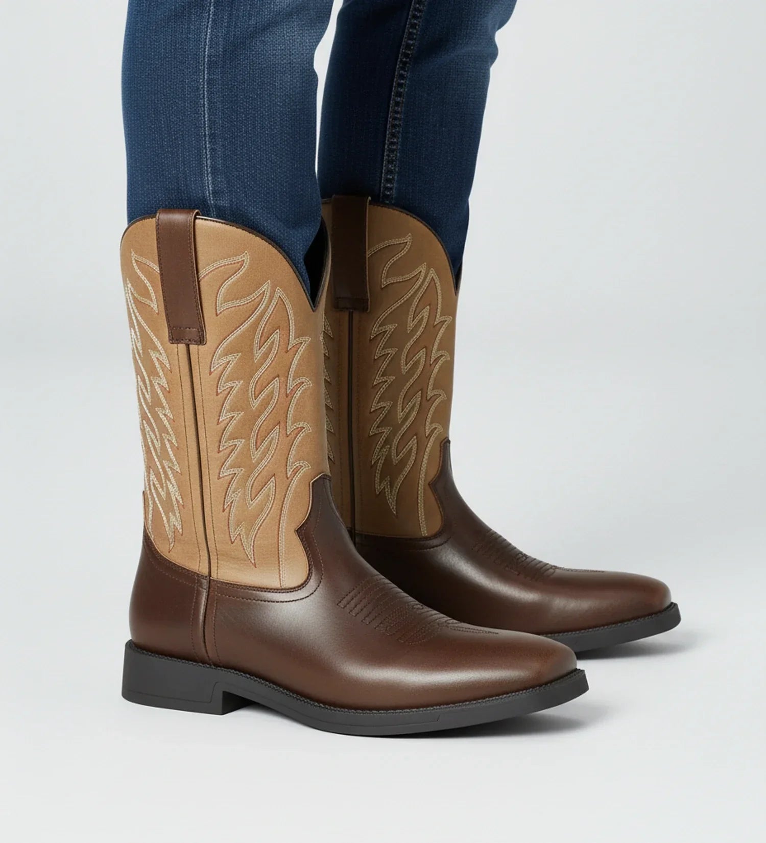 Men's mid-calf Western cowboy boots in brown leather with intricate embroidered stitching pull-on style