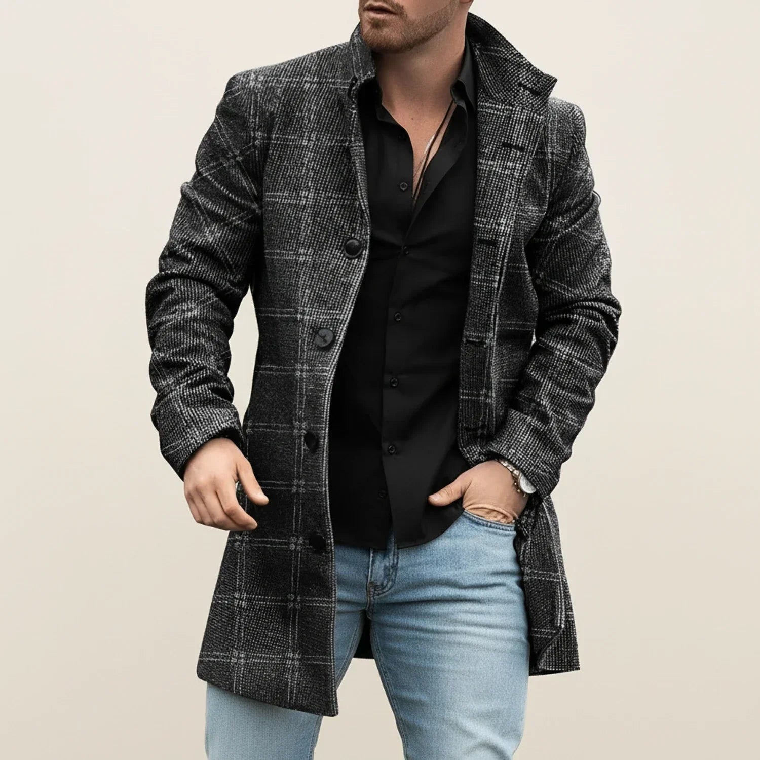 Men's navy patchwork overcoat with flattering silhouette, modern structured cut and polished everyday style