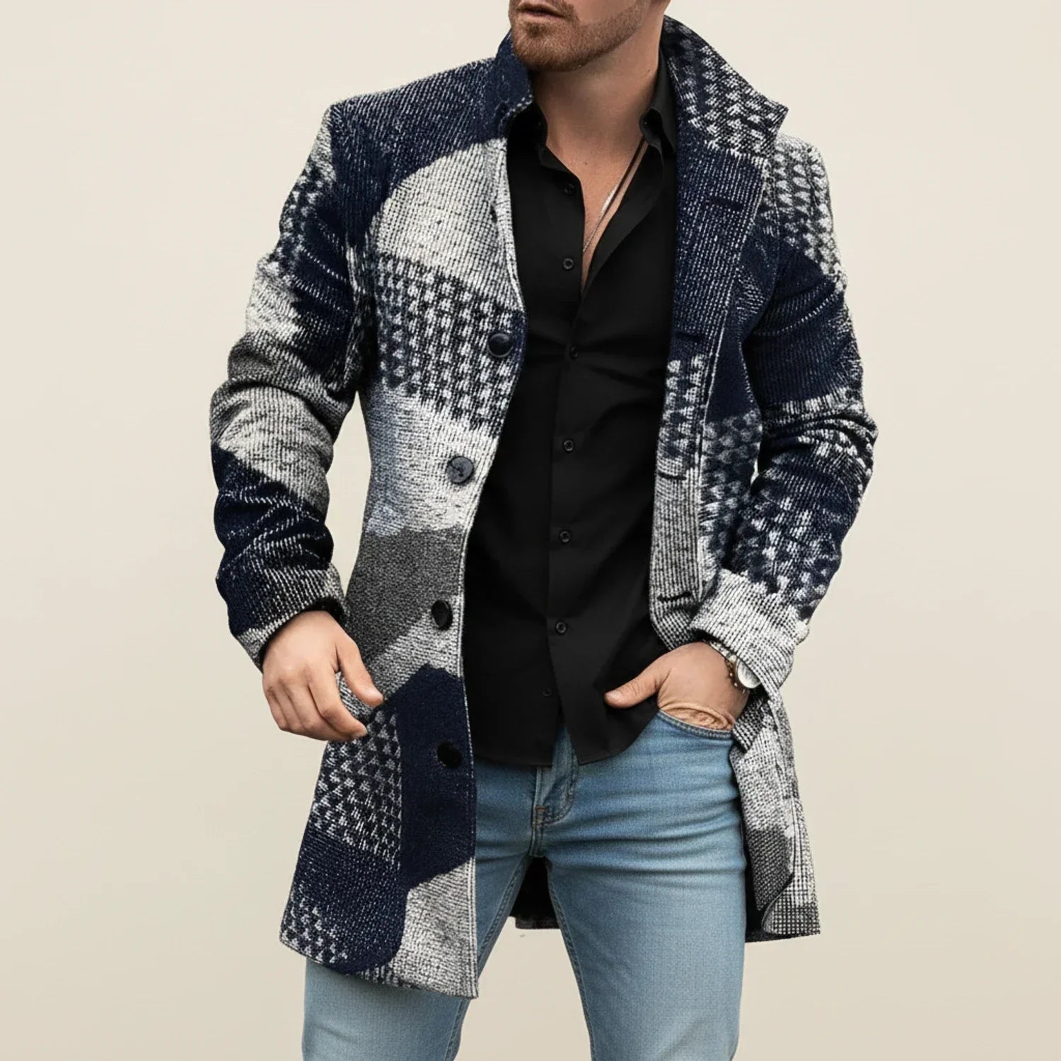 Men's navy patchwork overcoat with flattering silhouette, structured modern cut and refined winter style