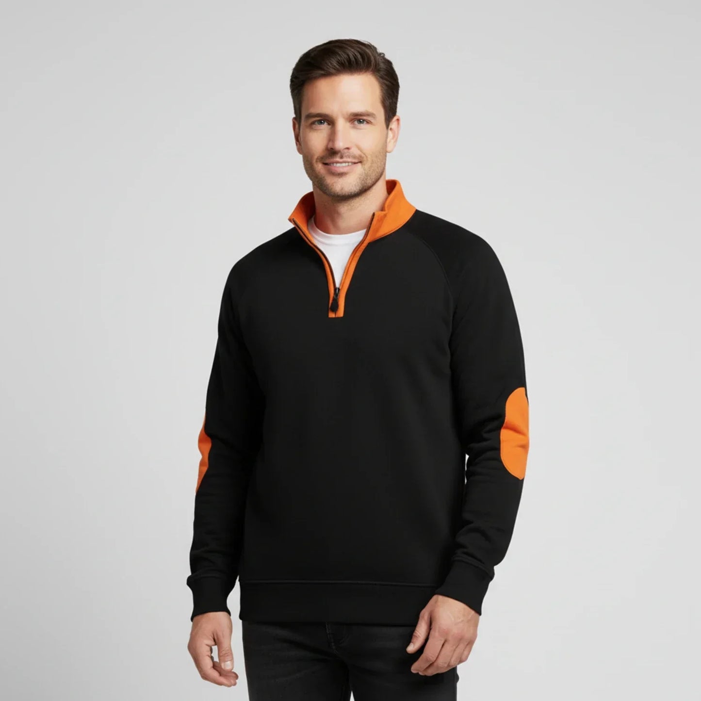 Men's gray quarter-zip raglan sweater with elbow patches and stand collar, smart-casual style