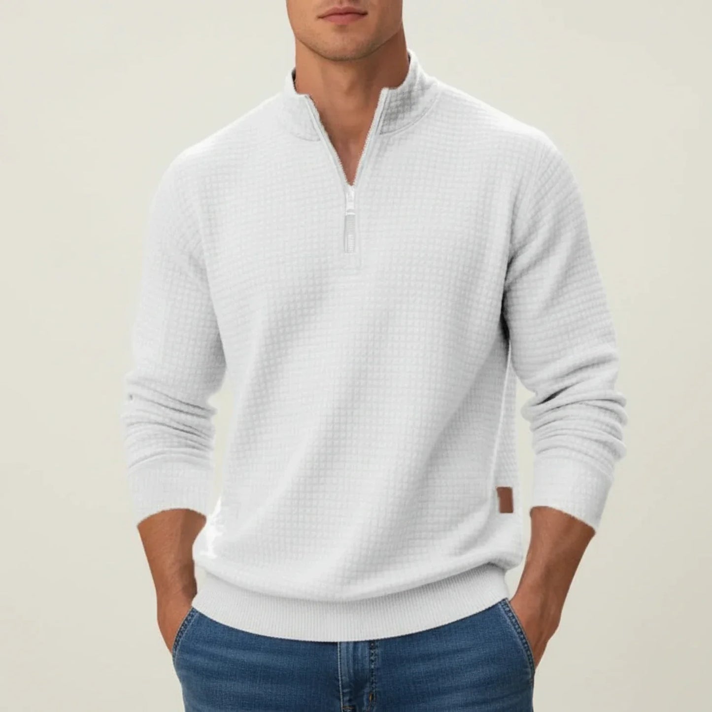 Men's quarter zip pullover sweater in textured knit with stand collar, slim fit for layering