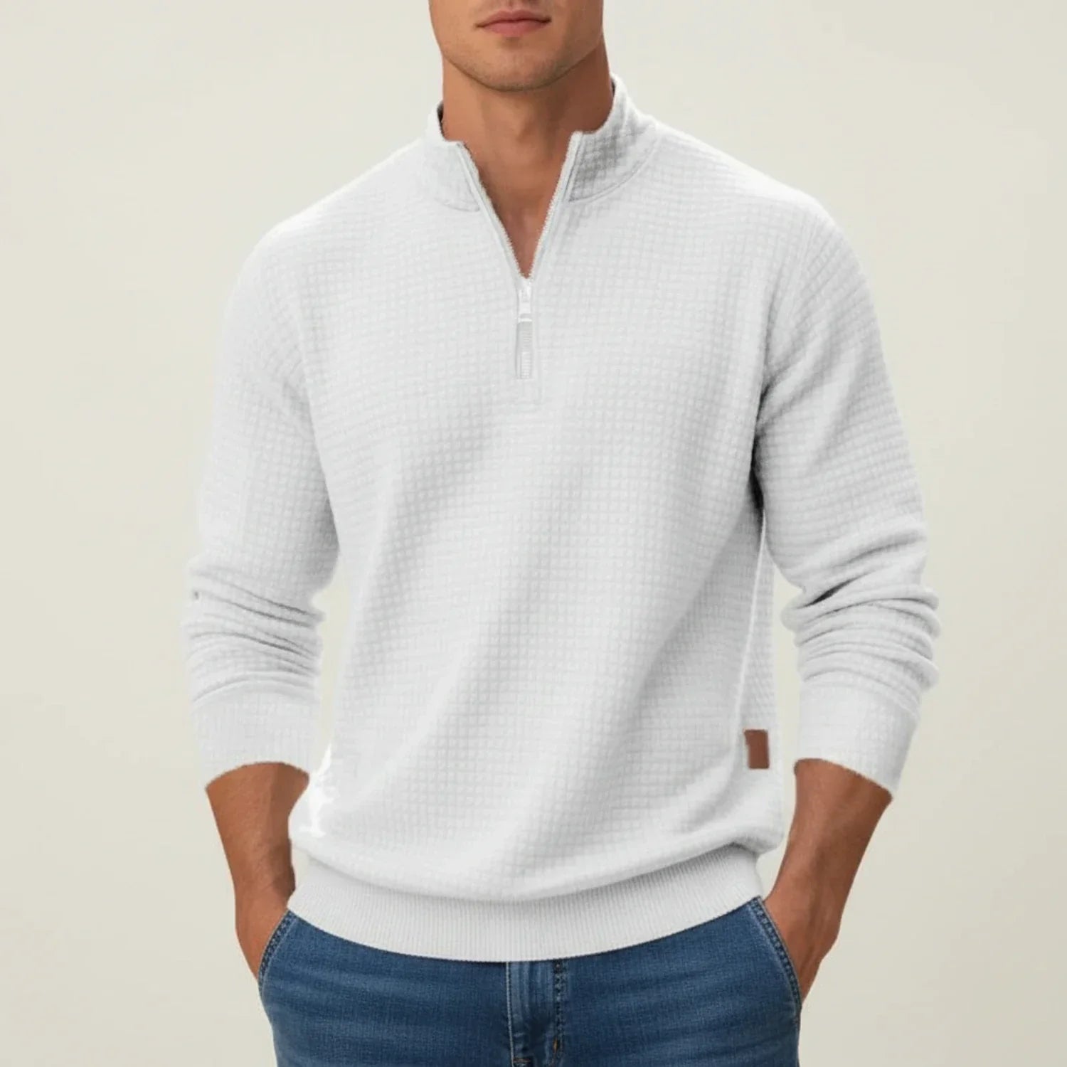 Men's quarter zip pullover sweater in textured knit with stand collar, slim fit for layering