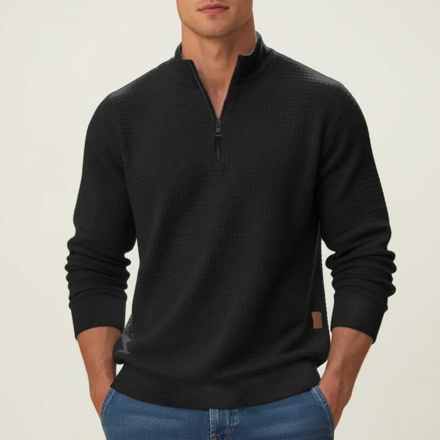 Men's quarter zip pullover sweater textured knit finish stand collar versatile layering piece