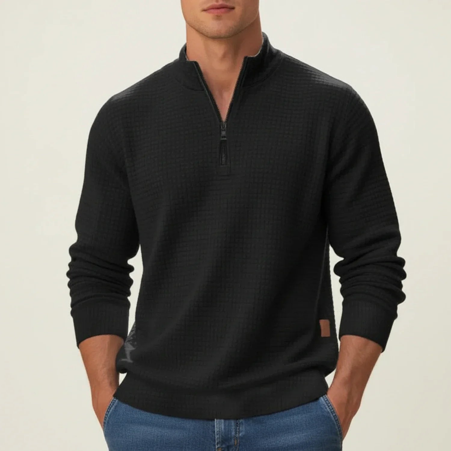 Men's quarter zip pullover sweater textured knit finish stand collar versatile layering piece