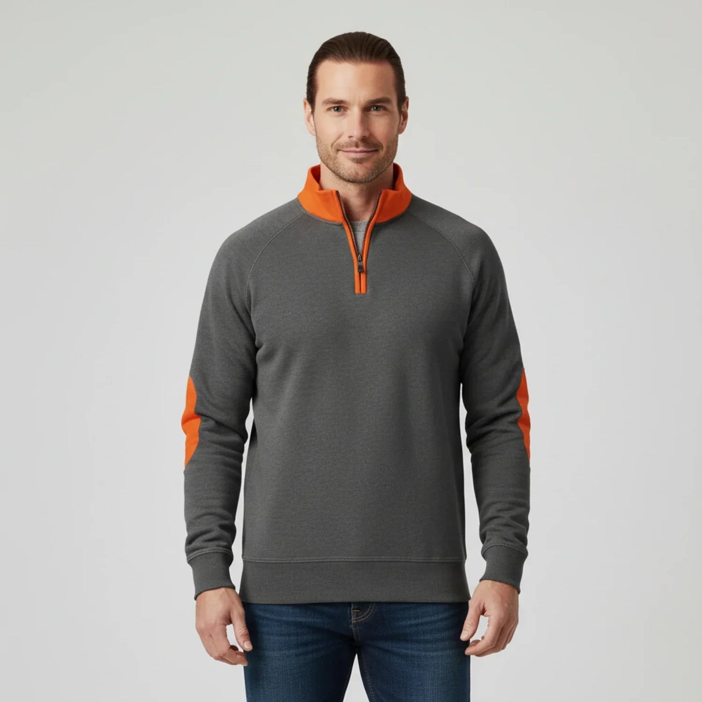 Men's navy quarter-zip raglan sweater with elbow patches and stand collar, smart-casual fit