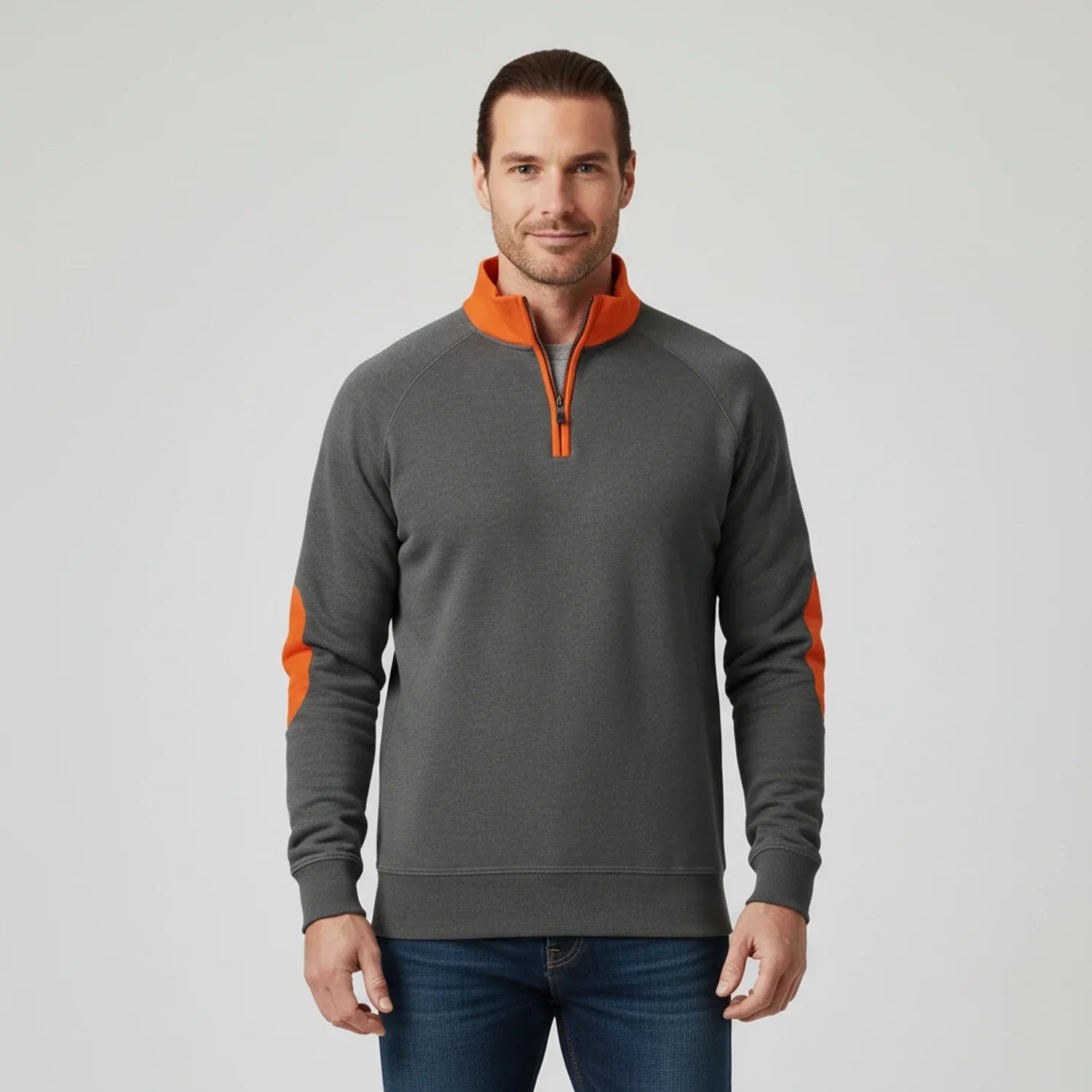 Men's navy quarter-zip raglan sweater with elbow patches and stand collar, smart-casual fit