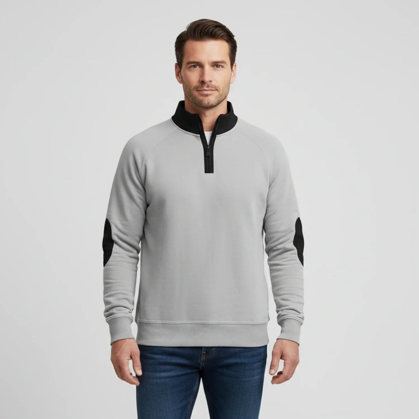Men's gray quarter-zip raglan sweater with elbow patches and stand collar, smart-casual fit