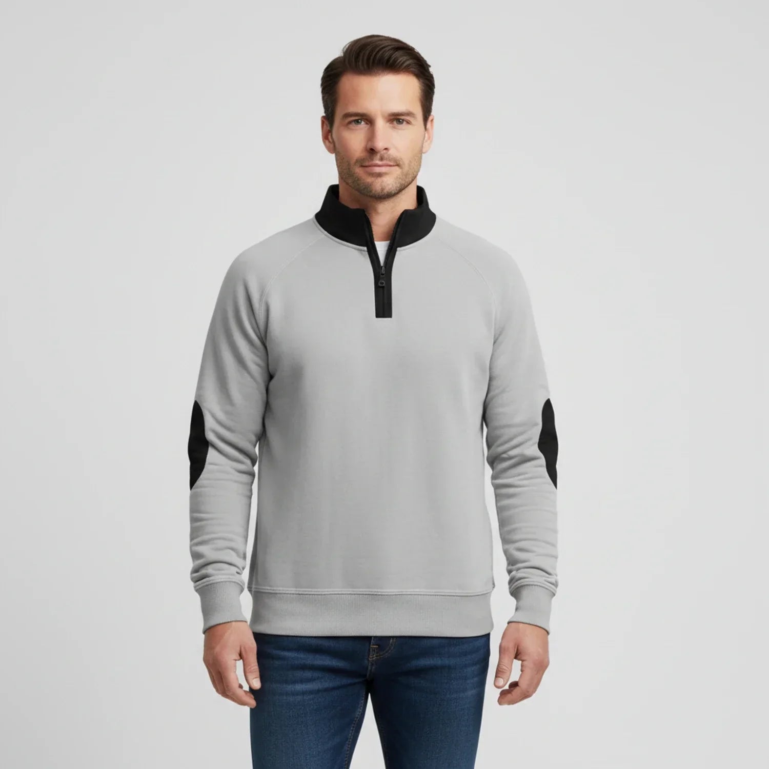 Men's gray quarter-zip raglan sweater with elbow patches and stand collar, smart-casual fit
