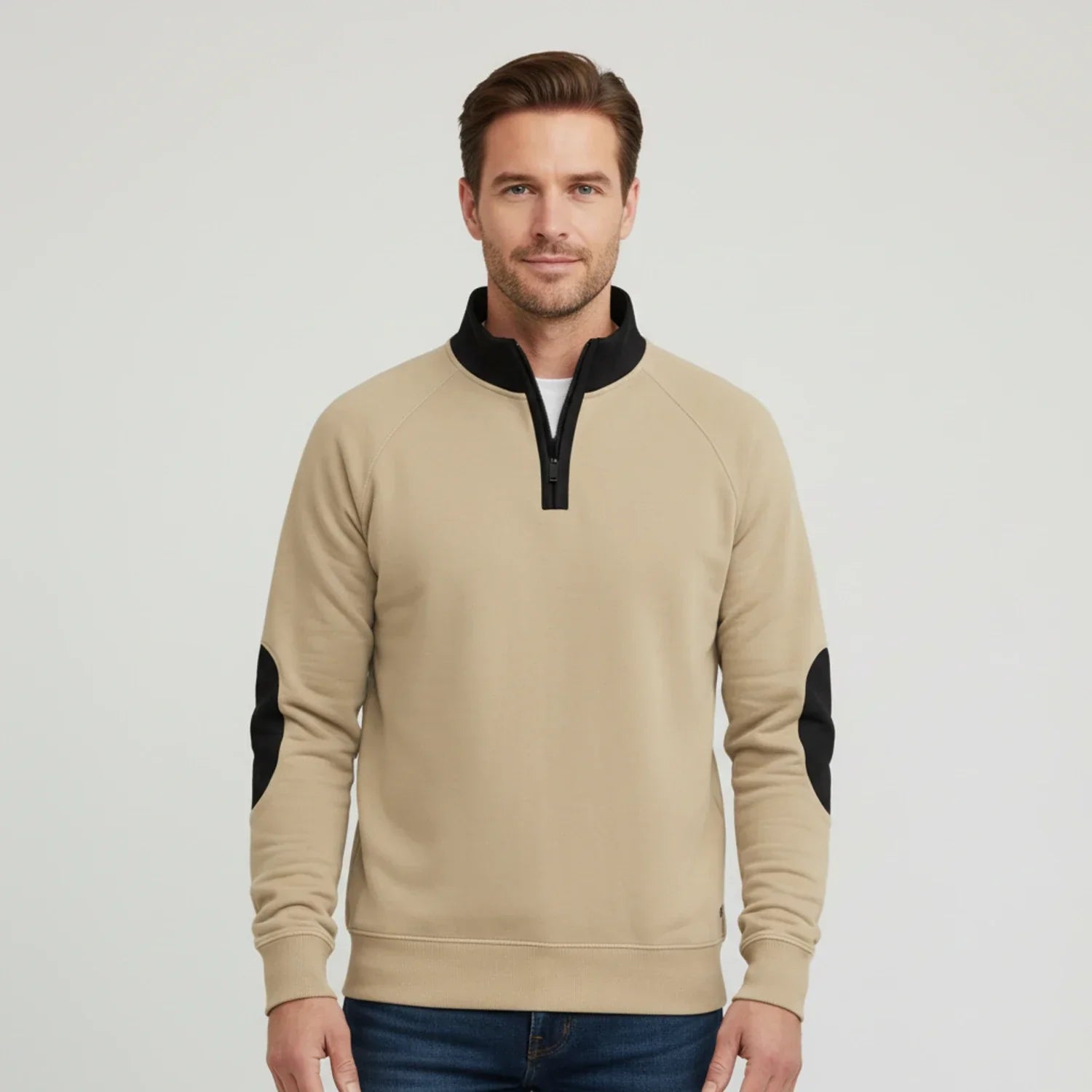 Men's grey quarter zip raglan sweater with elbow patches and stand collar, casual semi-formal style