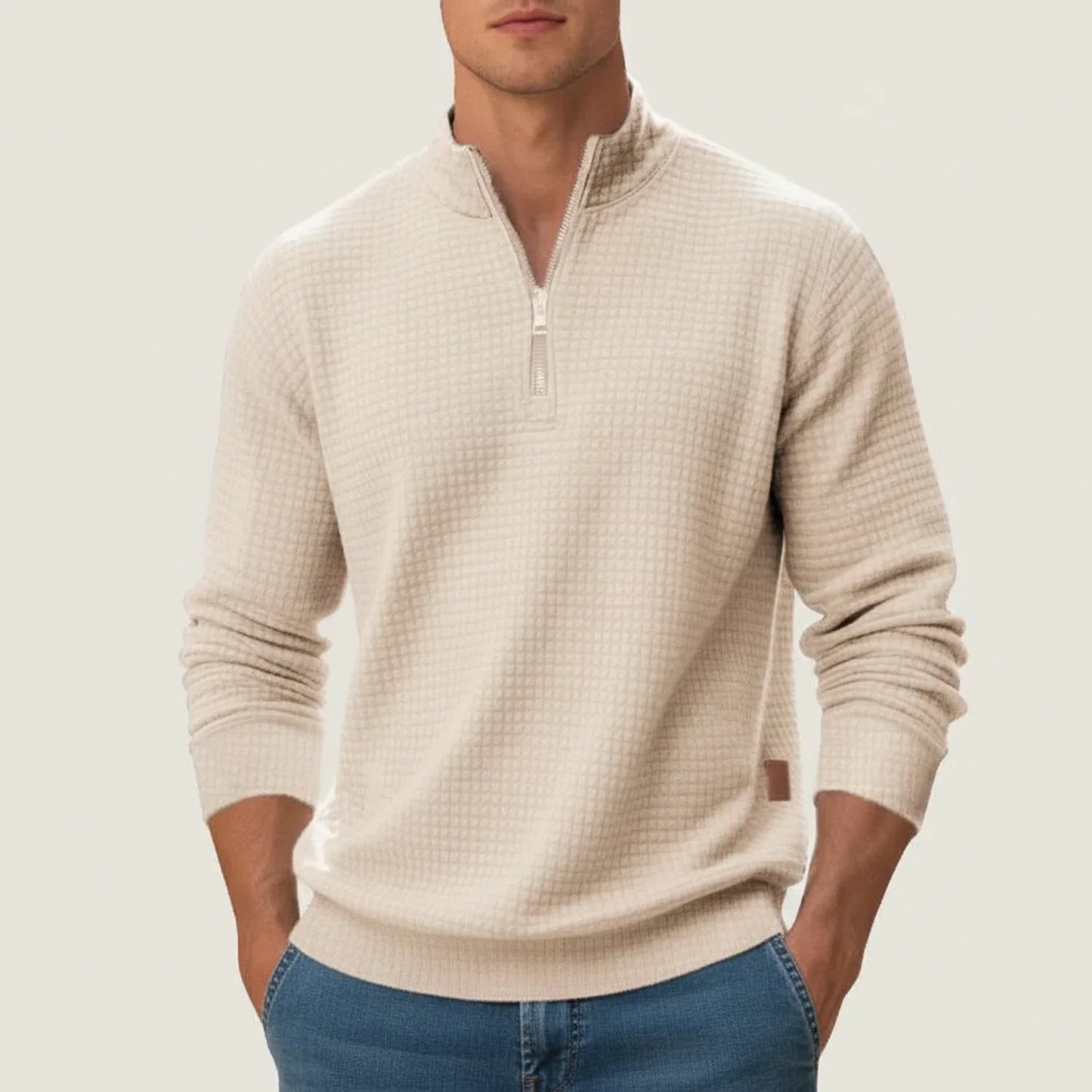 Men's quarter-zip pullover sweater in textured knit with stand collar, slim fit for layering