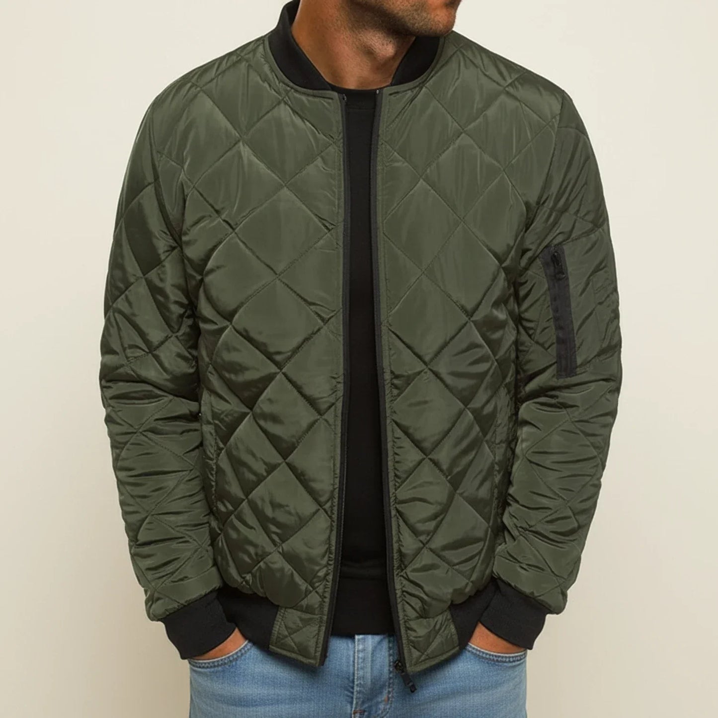 Men's black diamond quilted bomber jacket with zip closure and ribbed cuffs for everyday wear