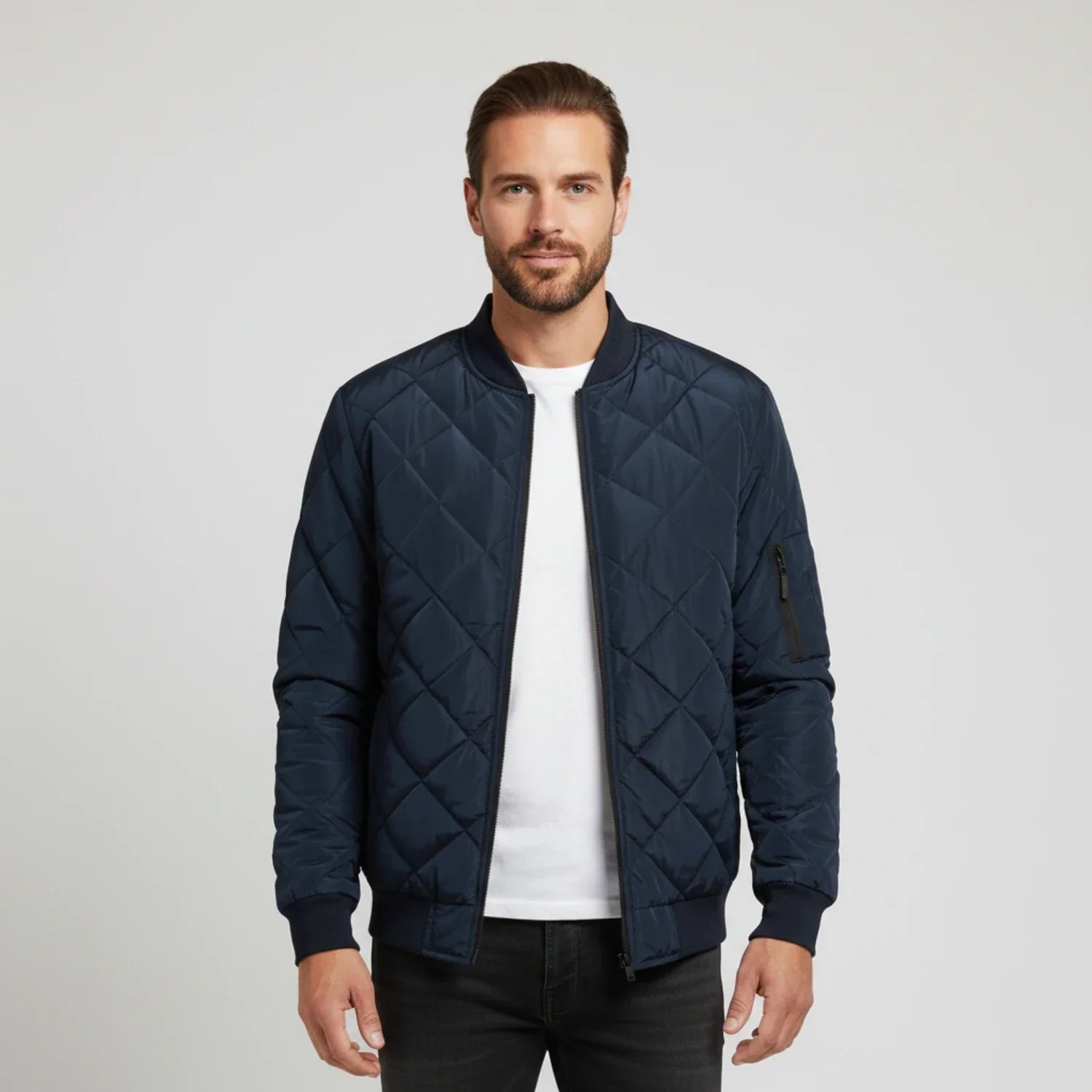 Men's slim fit quilted bomber jacket with diamond stitching pattern, lightweight zip-up ribbed trim design