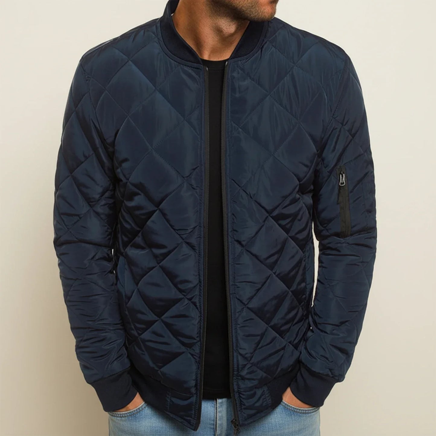 Men's black diamond quilted bomber jacket with zip closure and ribbed cuffs for everyday wear