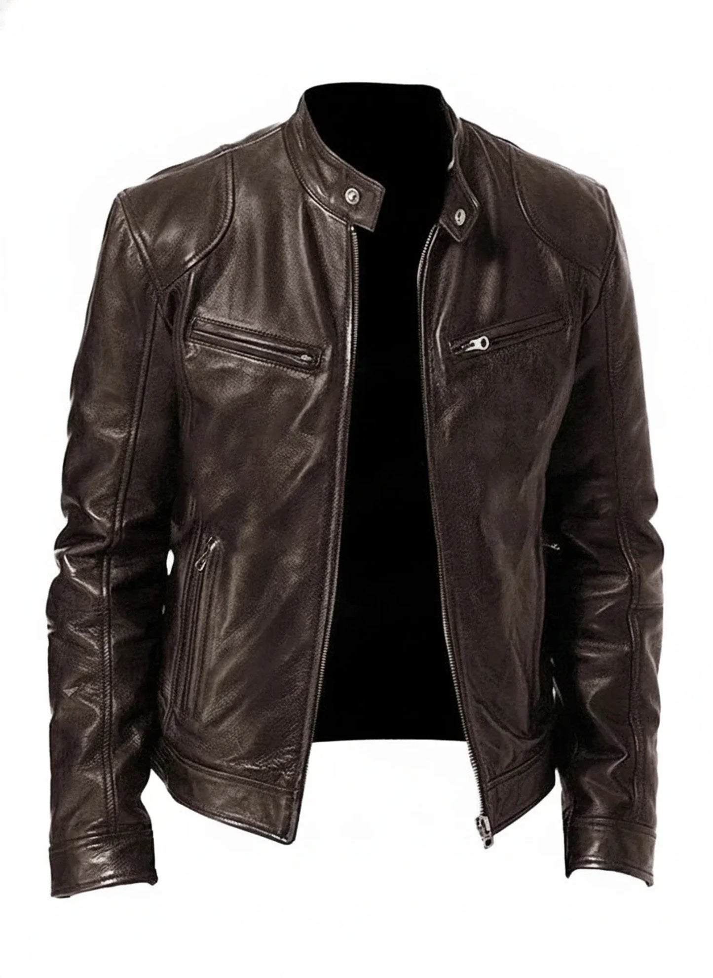 Black slim fit PU leather racer jacket with zip front and stand collar for a modern edgy look