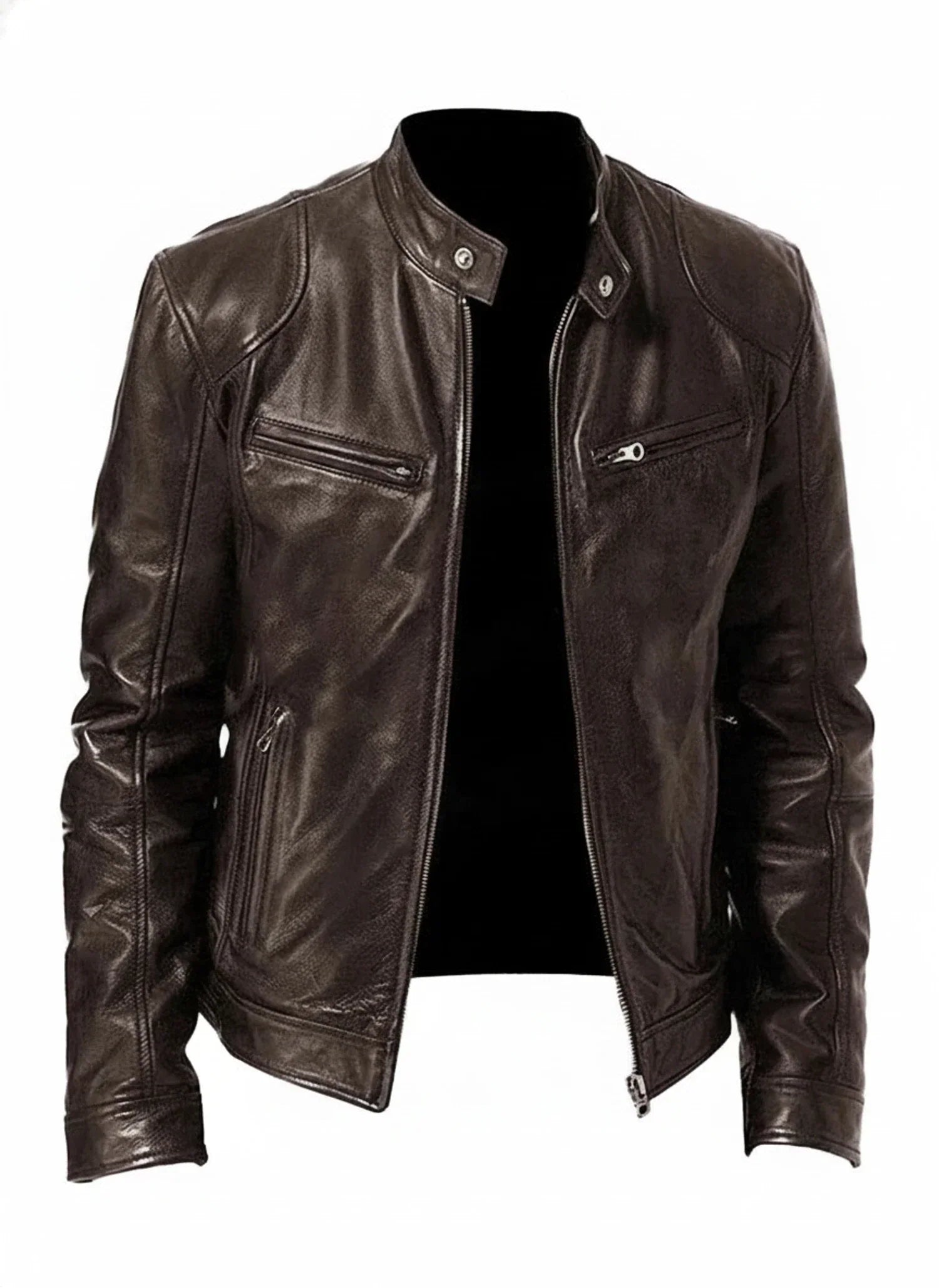 Black slim fit PU leather racer jacket with zip front and stand collar for a modern edgy look